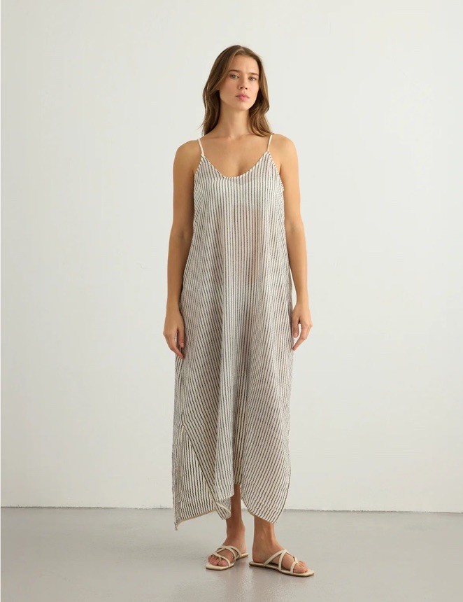 The Handloom Yaz Dress White w/Black Stripes Cotton Beach Coastal Cover Up Gauzy