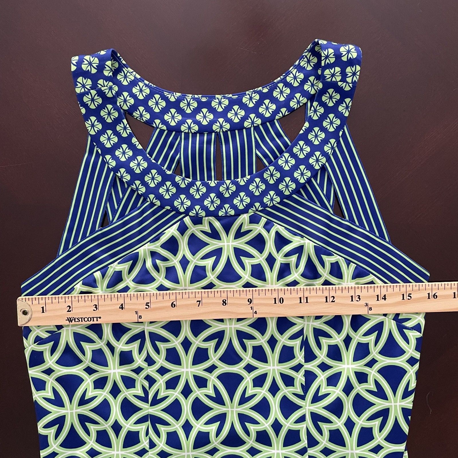Gretchen Scott Isosceles Biltmore Shift Dress Green Blue M Stretch Knit Preppy