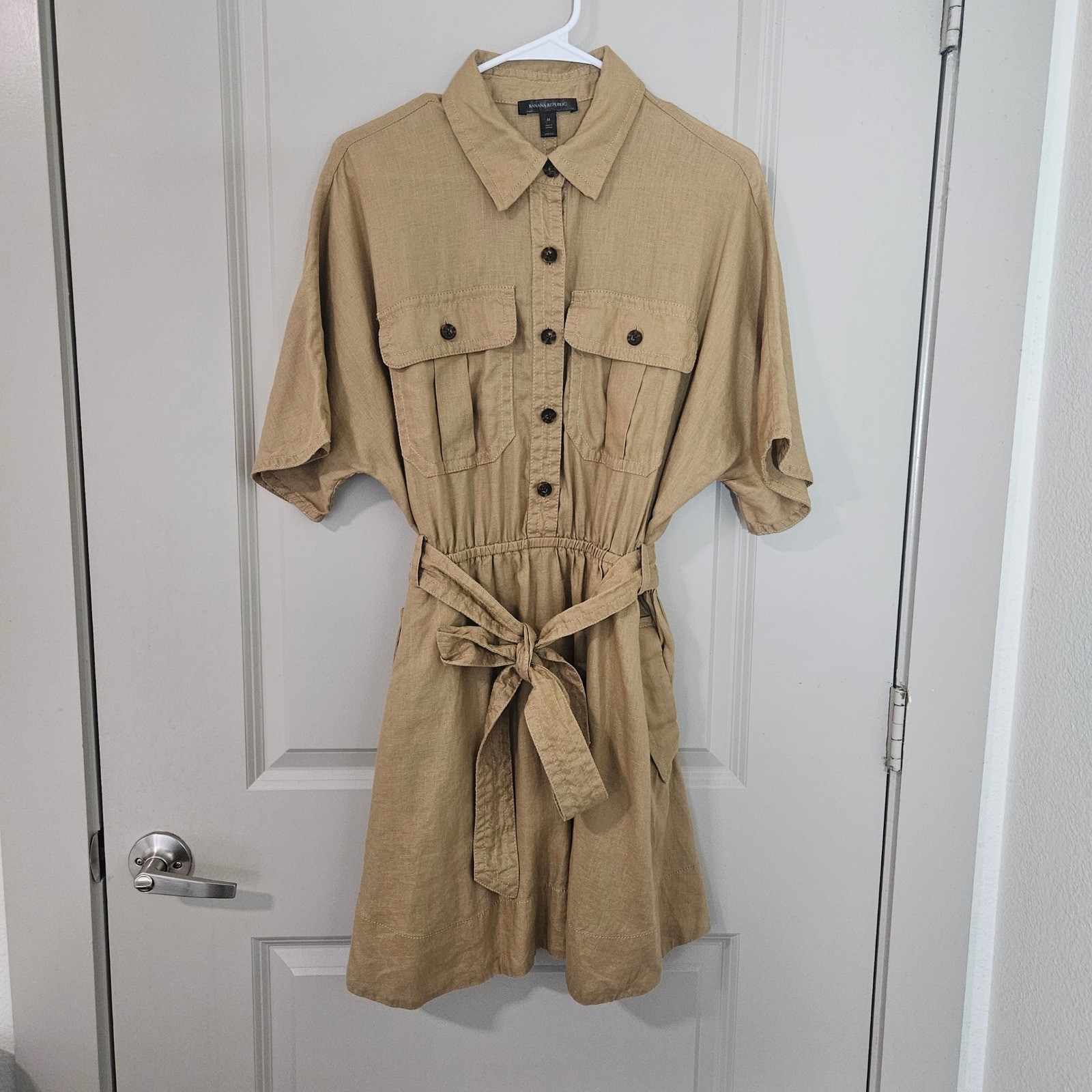 Banana Republic Womens Linen Safari Utility Shirt Dress Khaki Tan Sz M Belted