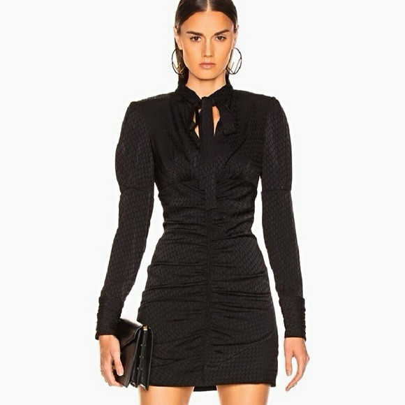 Alexis Black Geometric Ruched Bodycon Mini Puff Sleeve High Neck Tie Zip L