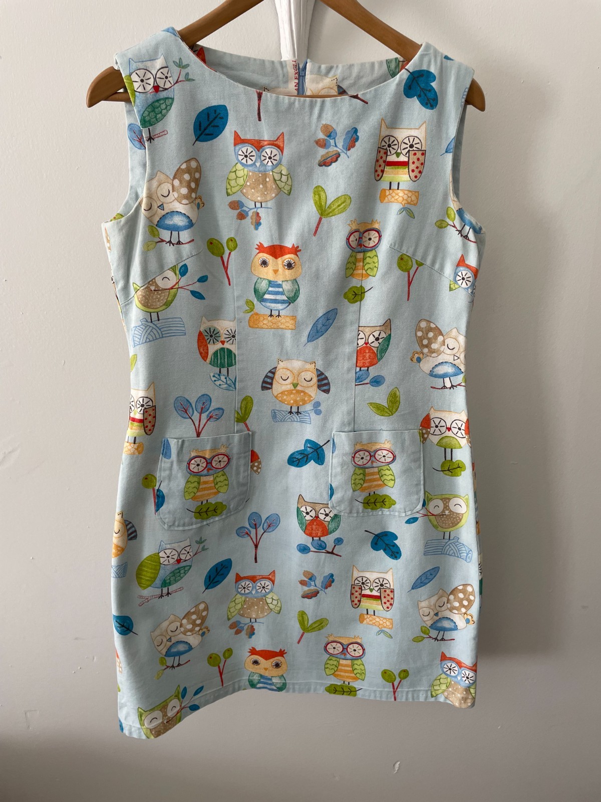 Unique Home Sewn OWL Print COTTON CANVAS Shift Dress With Pockets Size 12