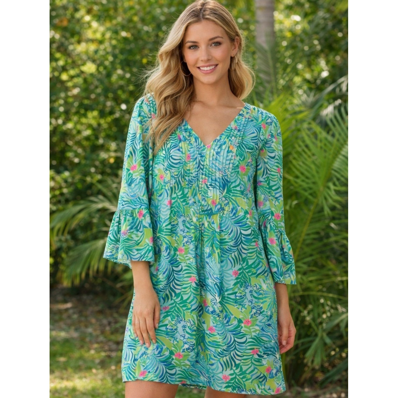 Lilly Pulitzer Danika Tunic Dress Size 10 Green Tropical Bell Sleeve Costal