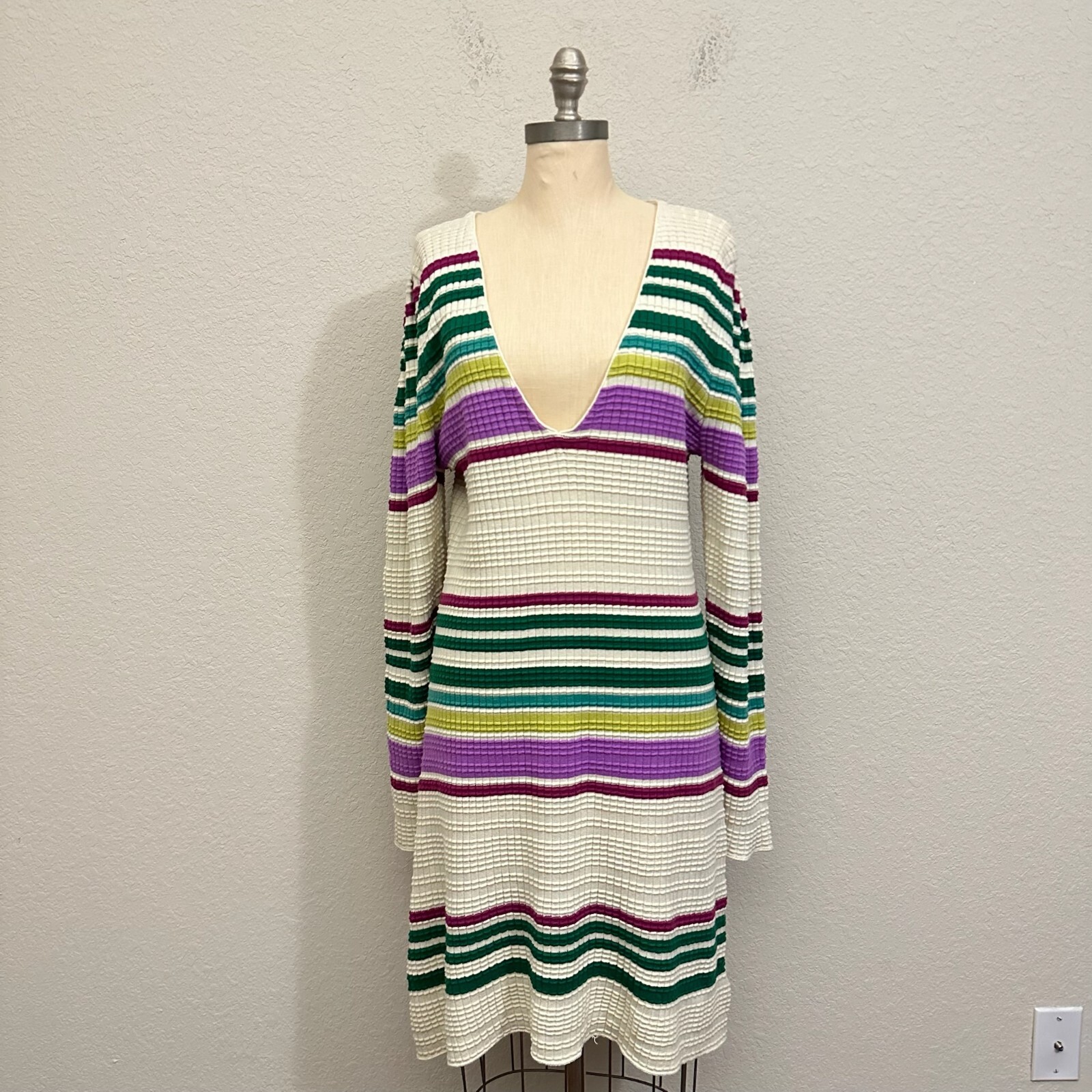 FREE PEOPLE Gidget Sweater Dress Womens L Multi Striped Ribbed Knit V-Neck NWT