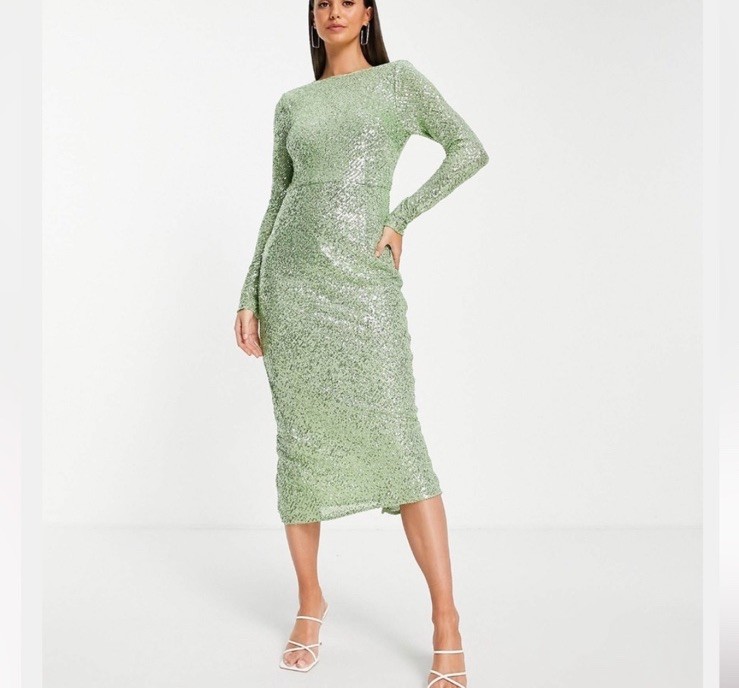 ASOS Design Sequin Long Sleeve Open Back Midi Dress Sage Green Tall Size 12