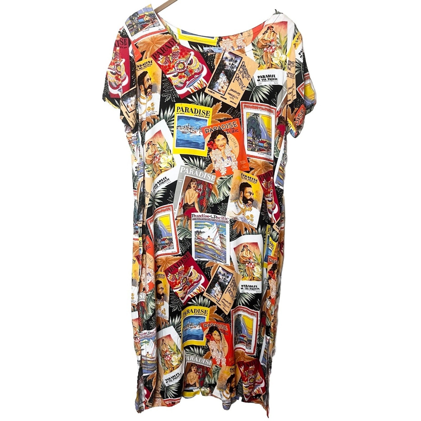 Vintage Reyn Spooner Paradise Magazine Print Midi Dress Women Sz Large Hawaiian