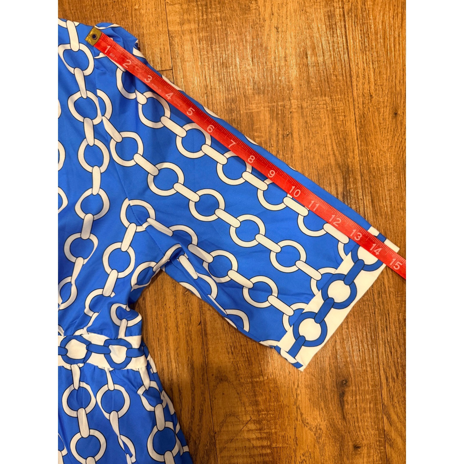 Blue White Chain Link Print Tiered Maxi Dress XL Collared Short Sleeve Geometric