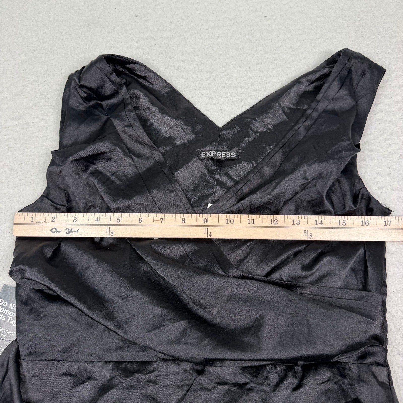 NWD Express Ruched Mini Dress Sz 10 Black Satin Faux Wrap V-Neck Party Cocktail
