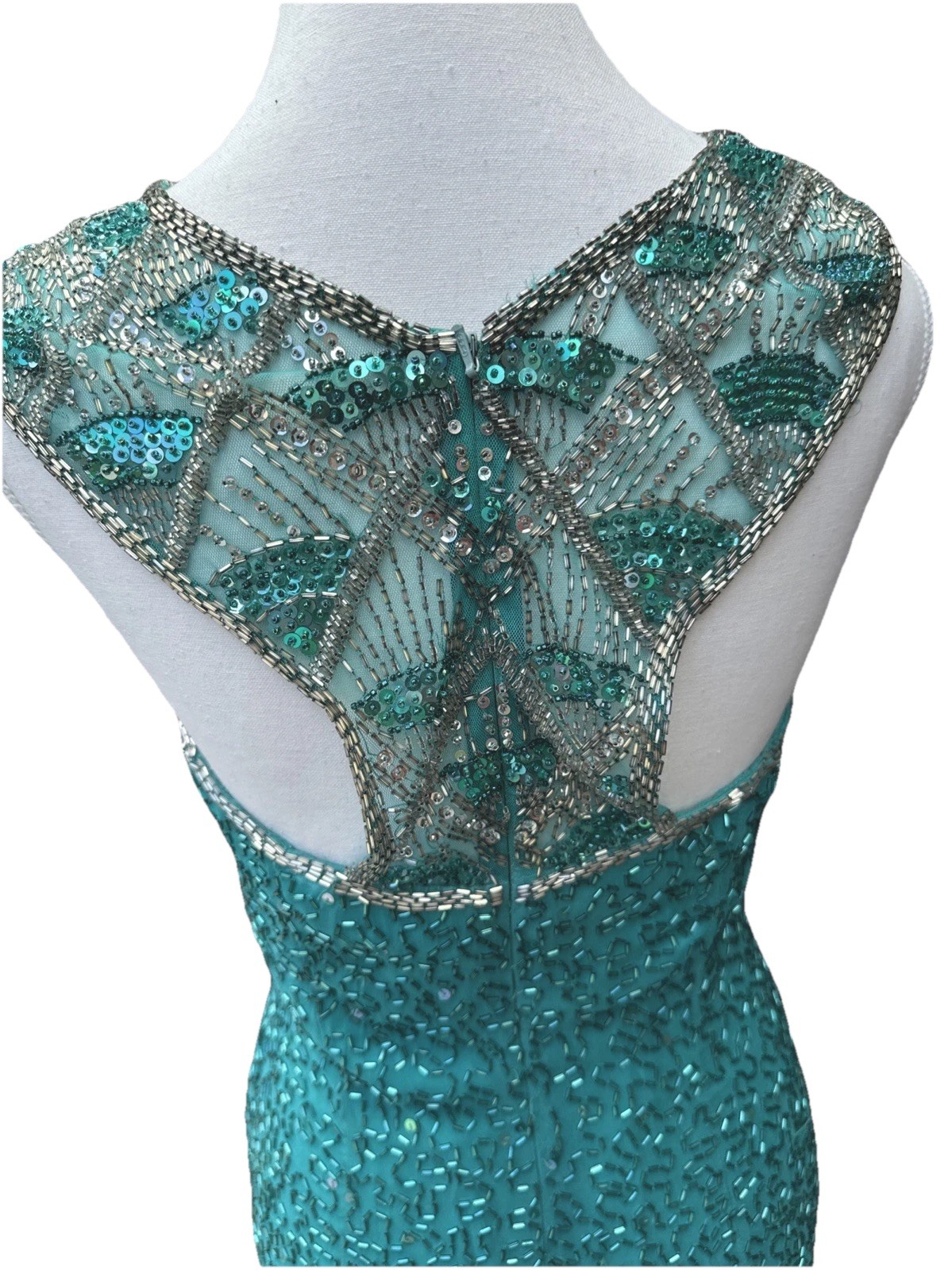 Cache Beaded Sequined Teal Formal Evening Dress Sz 8 Party 90s Y2K Flapper NYE