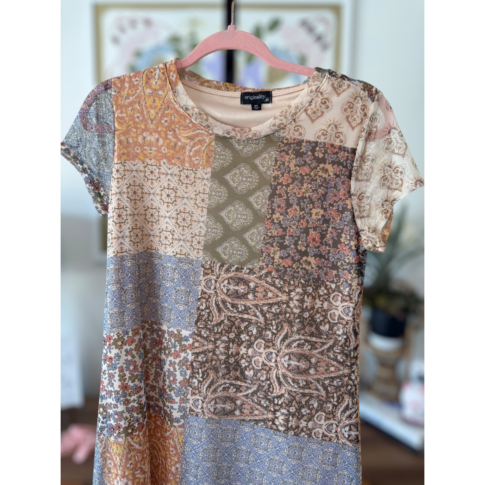 Originality Short Sleeve Mesh Patchwork Mini Dress Multicolor Womens Size Medium