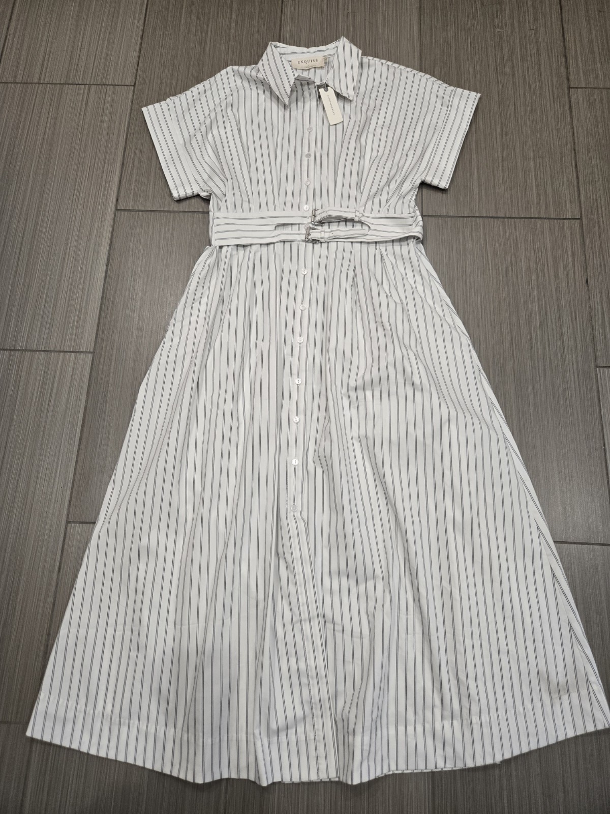 Anthropologie Exquise Large Tobie Double Buckle Pleated Shirt Dress White Black