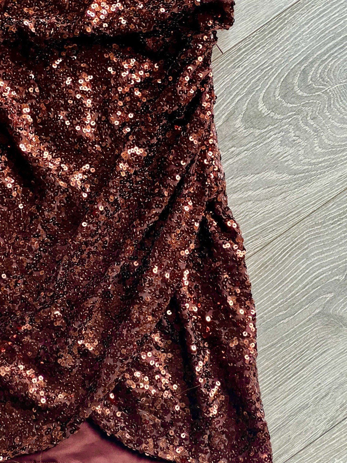 Crystal Doll Bronze Sequin Mini Dress Sz M Gold Chain Straps Ruched Party Dress