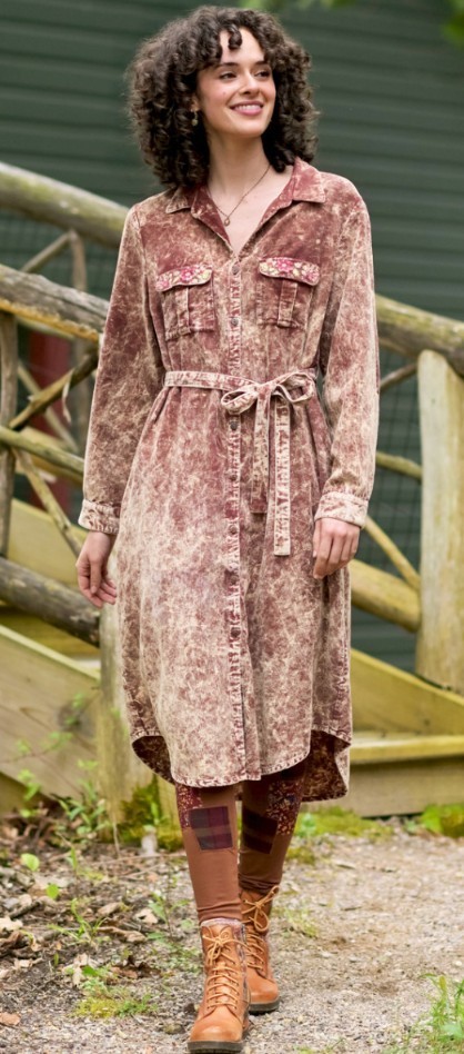 April Cornell Helen Shirtwaist Dress Brown Mineral Wash Soft Corduroy Cotton XXL