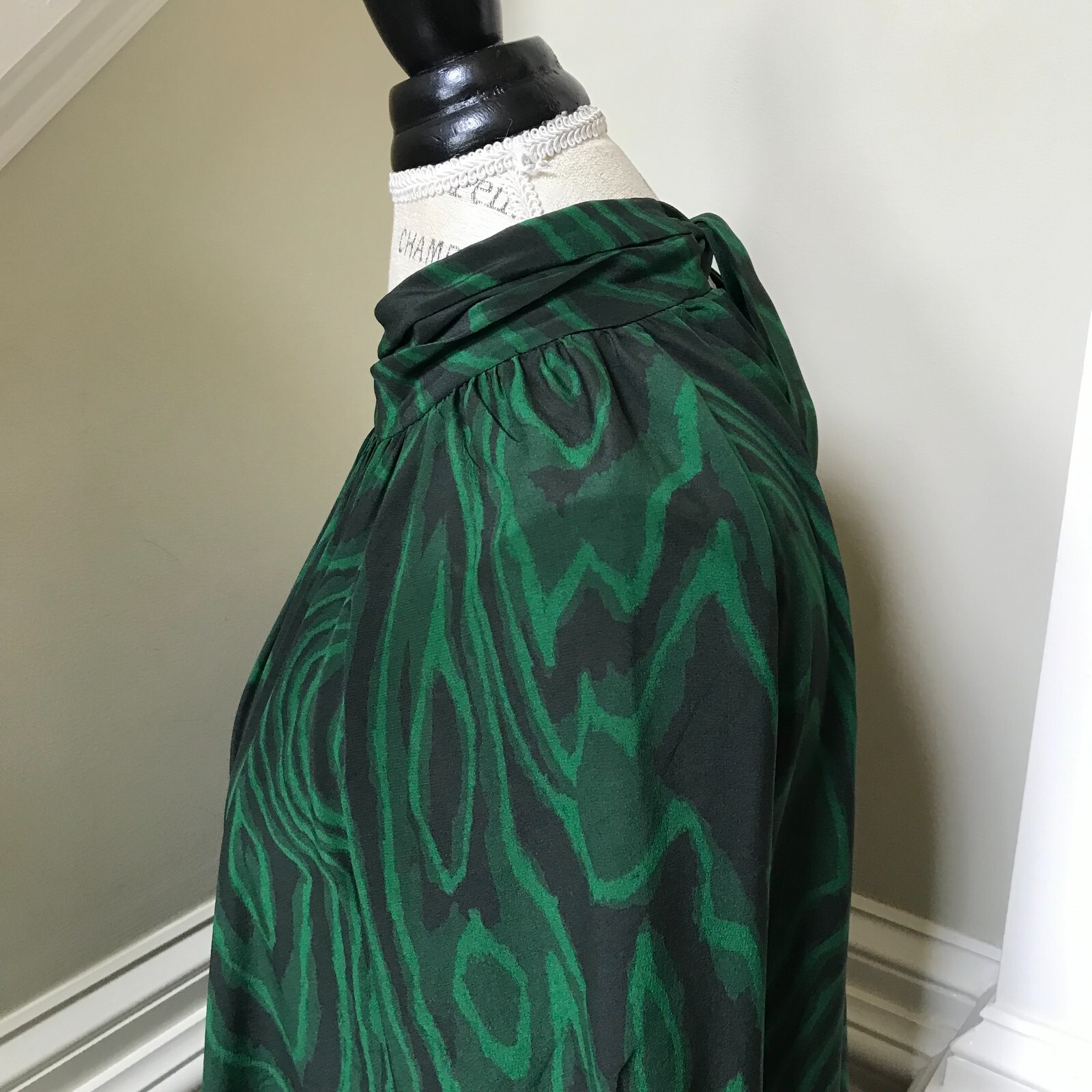 WHiT Anslem Shift Midi Dress Womens P XS Emerald Green Black Long Sleeve Silk