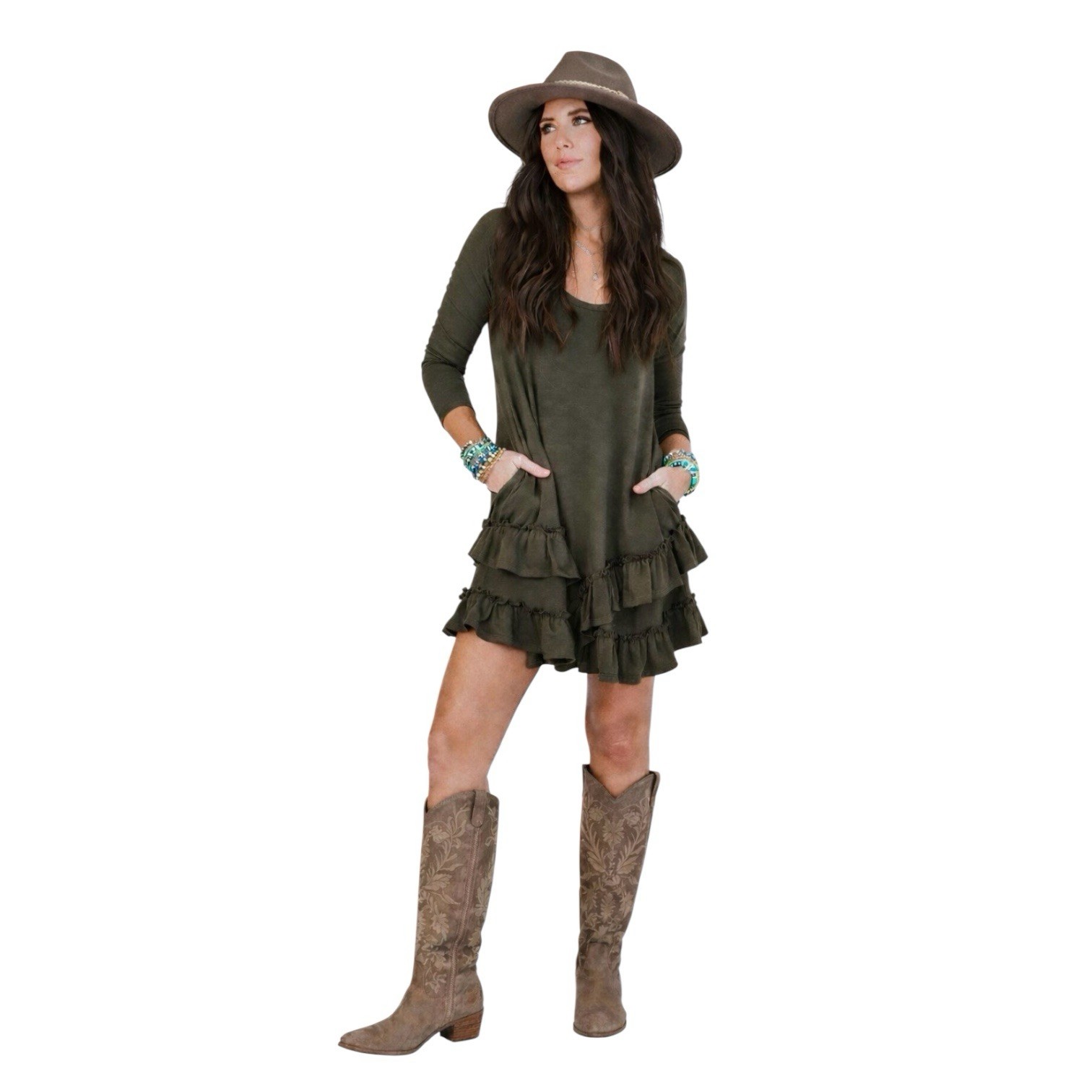 Three Bird Nest Constance Ruffle Hem Long Sleeve Dress Olive Green Sz S NWT
