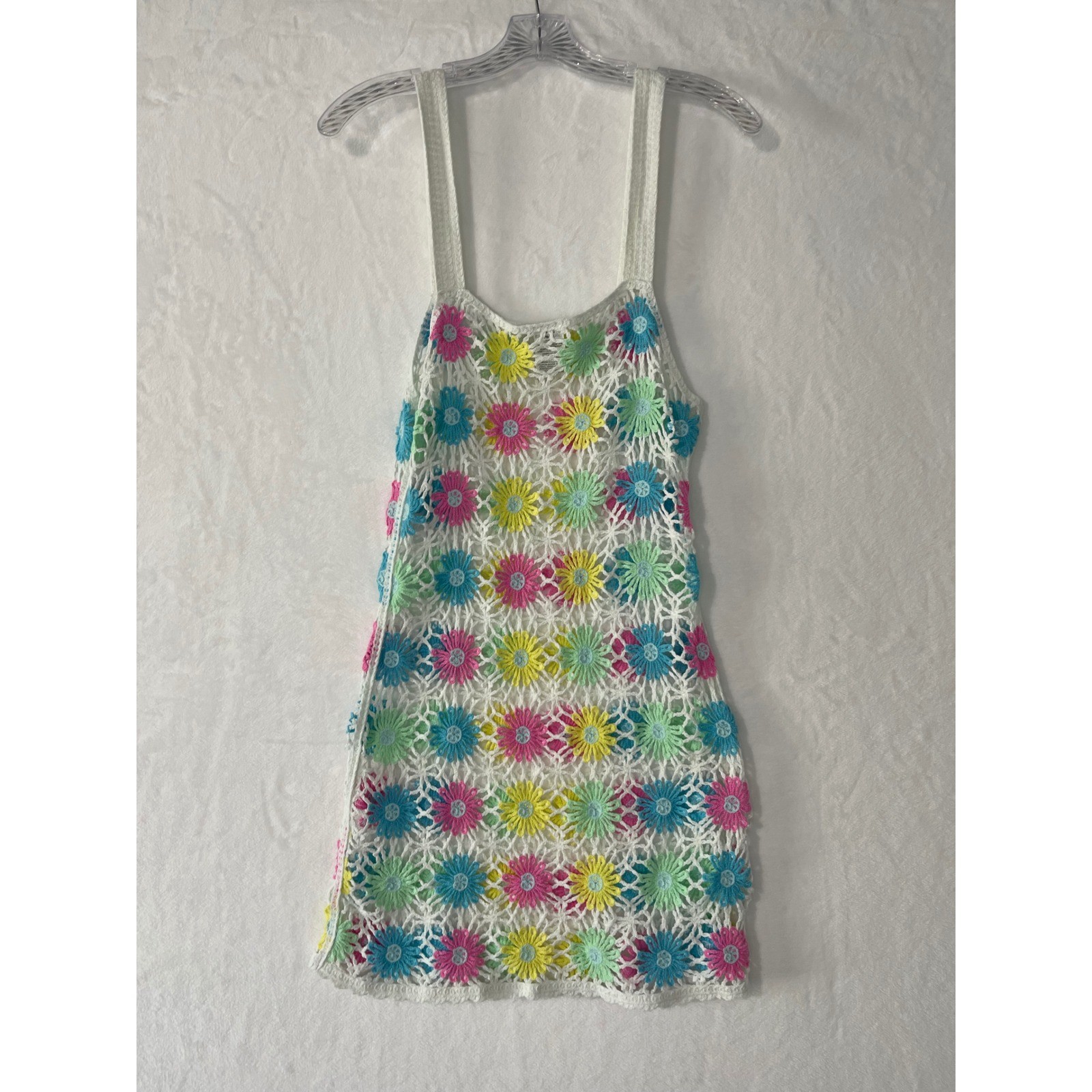 White Colorful Crochet Floral Daisy Mini Dress Sz Med Swim Coverup Boho Festival