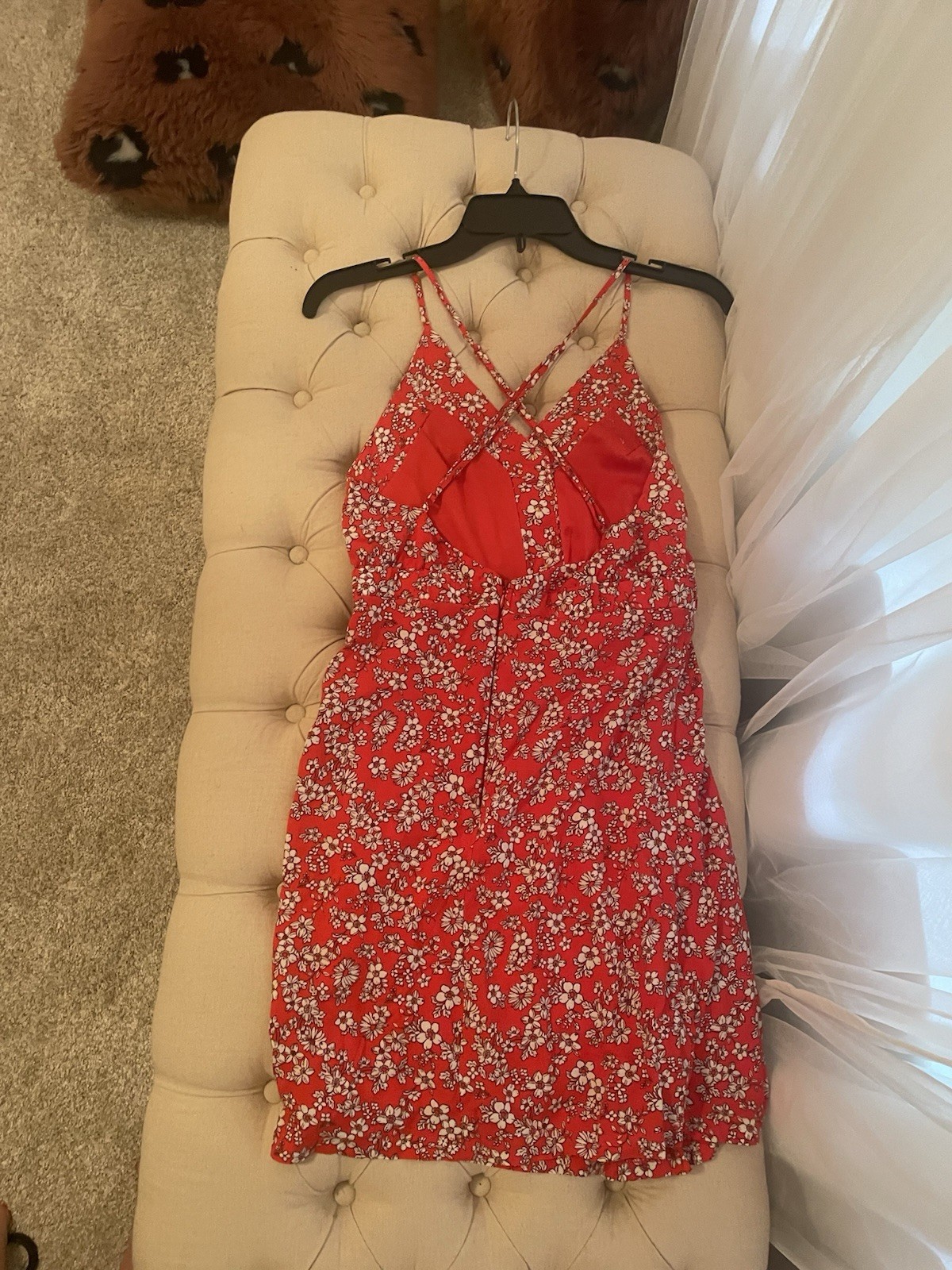 Red Floral Sundress Spaghetti Straps, Size Med Criss Cross Back & Zip Closure
