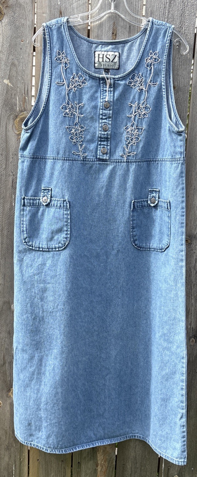 Vintage HSZ Studio Dress Large Long Sleeveless Blue Chambray W/White Embroidery