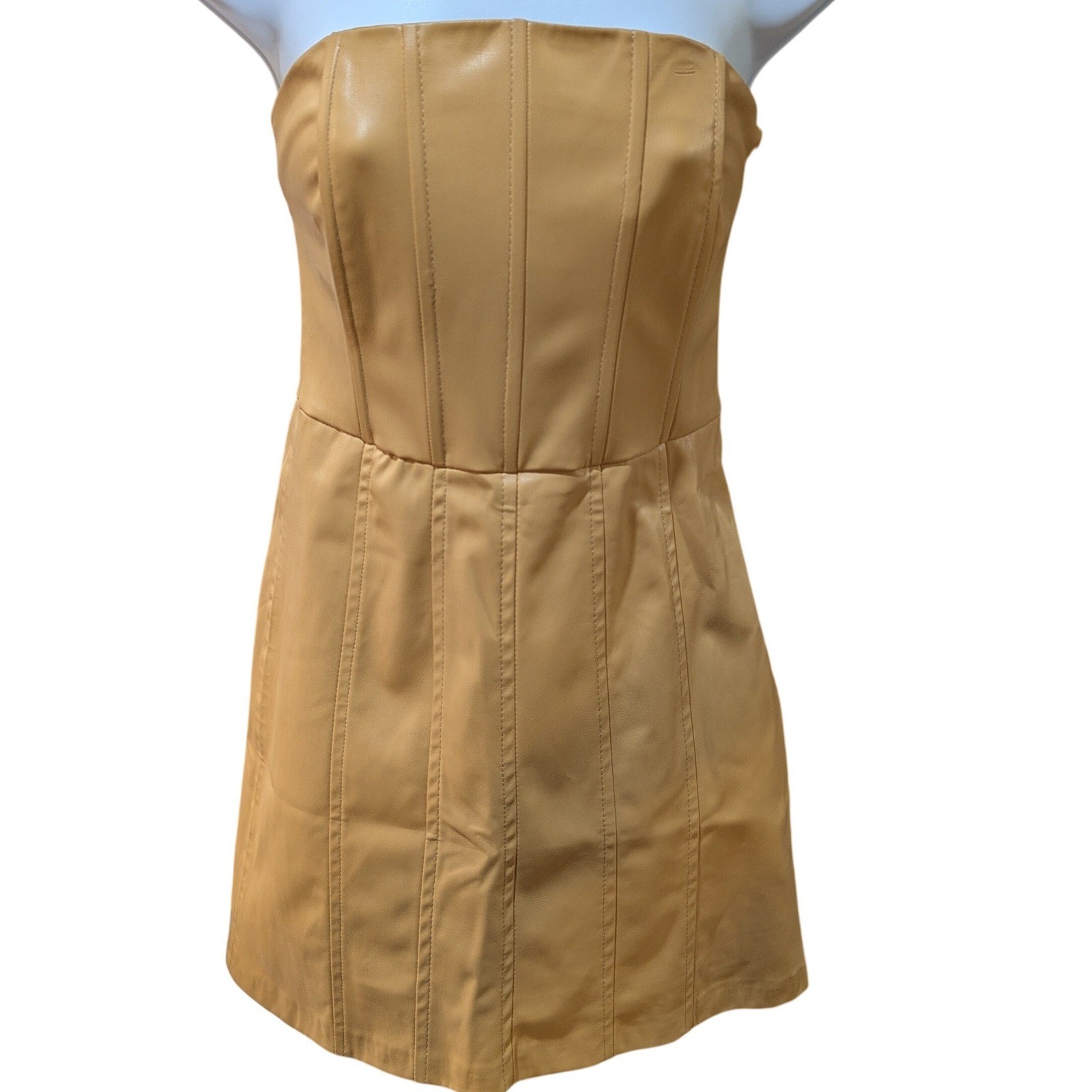 Zara Caramel Faux Leather Strapless Corset-Style Boning Detail Mini Dress Small