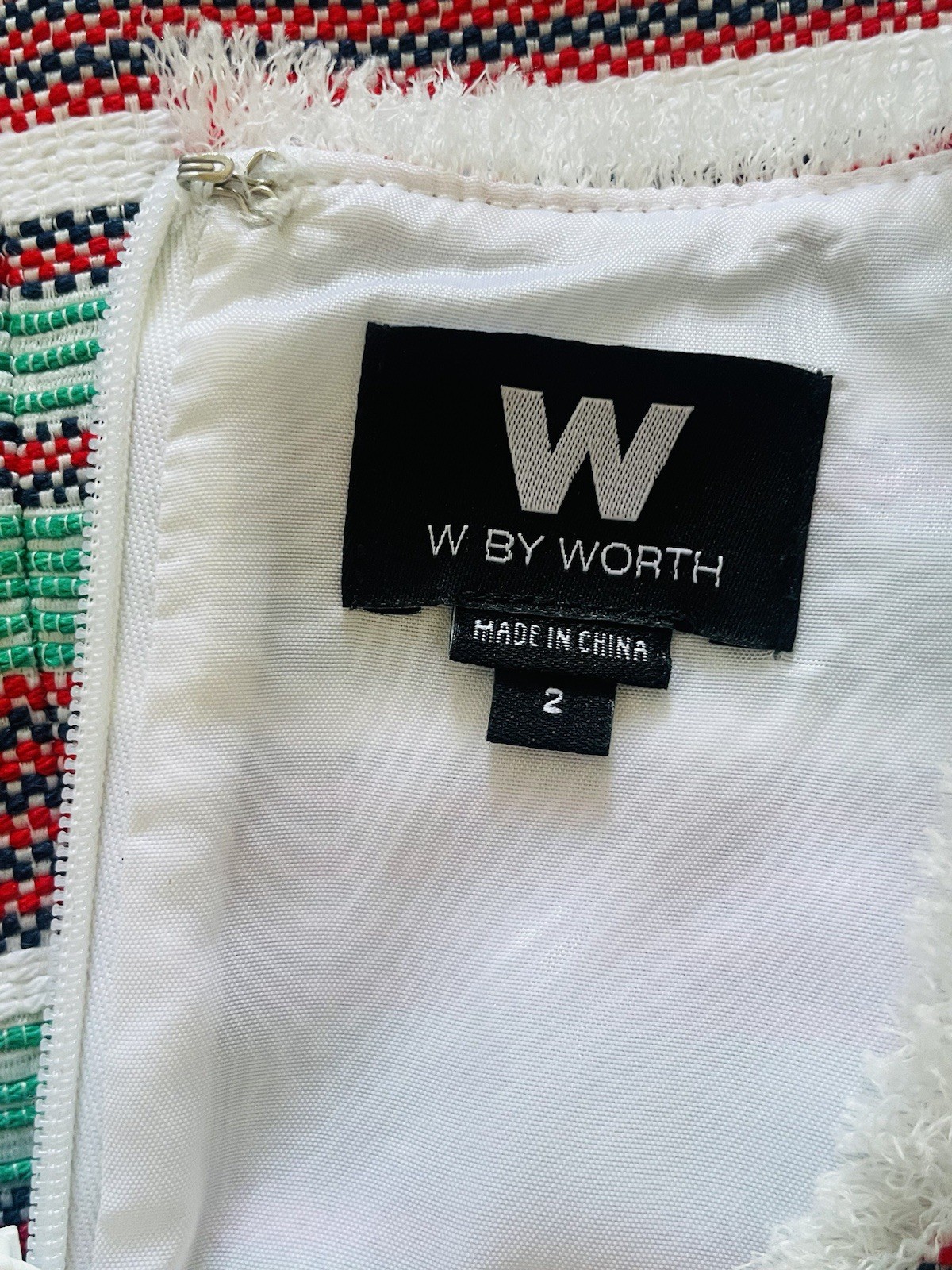 W By Worth Red, Green, White, Navy Fringe Sheath Dress. Size 2. Holiday. Luxury