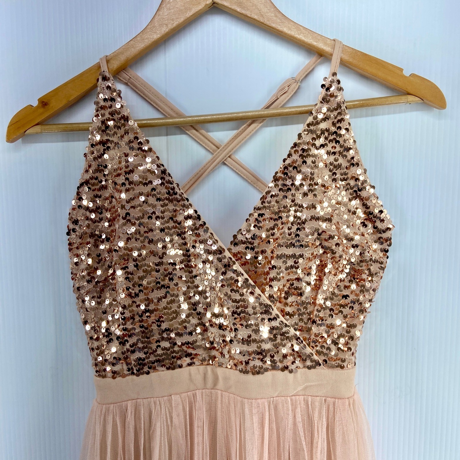 Cupshe Peach Pink Rose Gold Sequined Tulle Evening Dress Gown Womens Large NWT