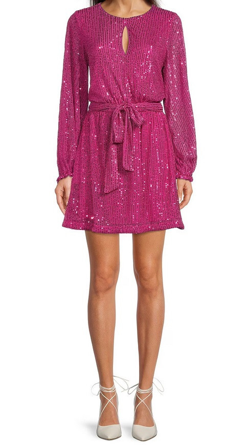 LDT IRMA MINI DRESS A-LINE CREW NECK KEYHOLE BELTED SEQUINED FUCHSIA SIZE 0 US