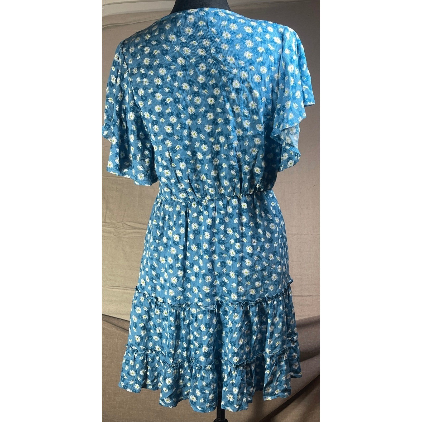 Altar State Blue Daisy Print Flutter Sleeve Tiered Ruffle Dress M boho peasant