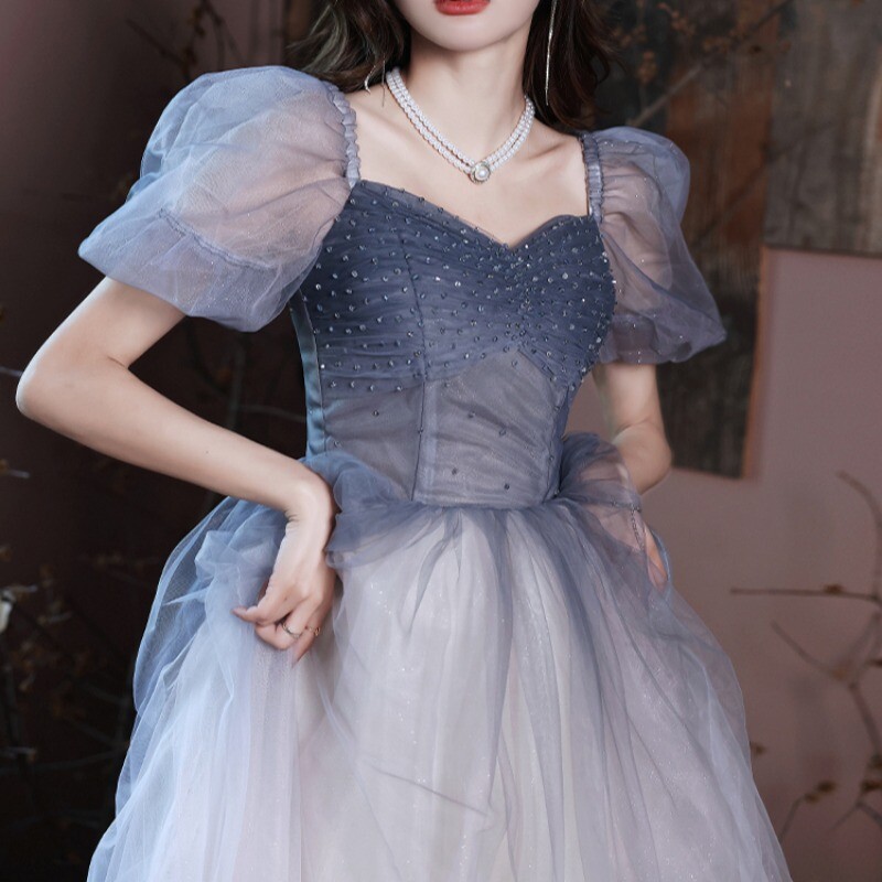 Lady Puff-Sleeve Mesh Crystal Dress Bling Fairy Gown Midi A-line Banquet Party