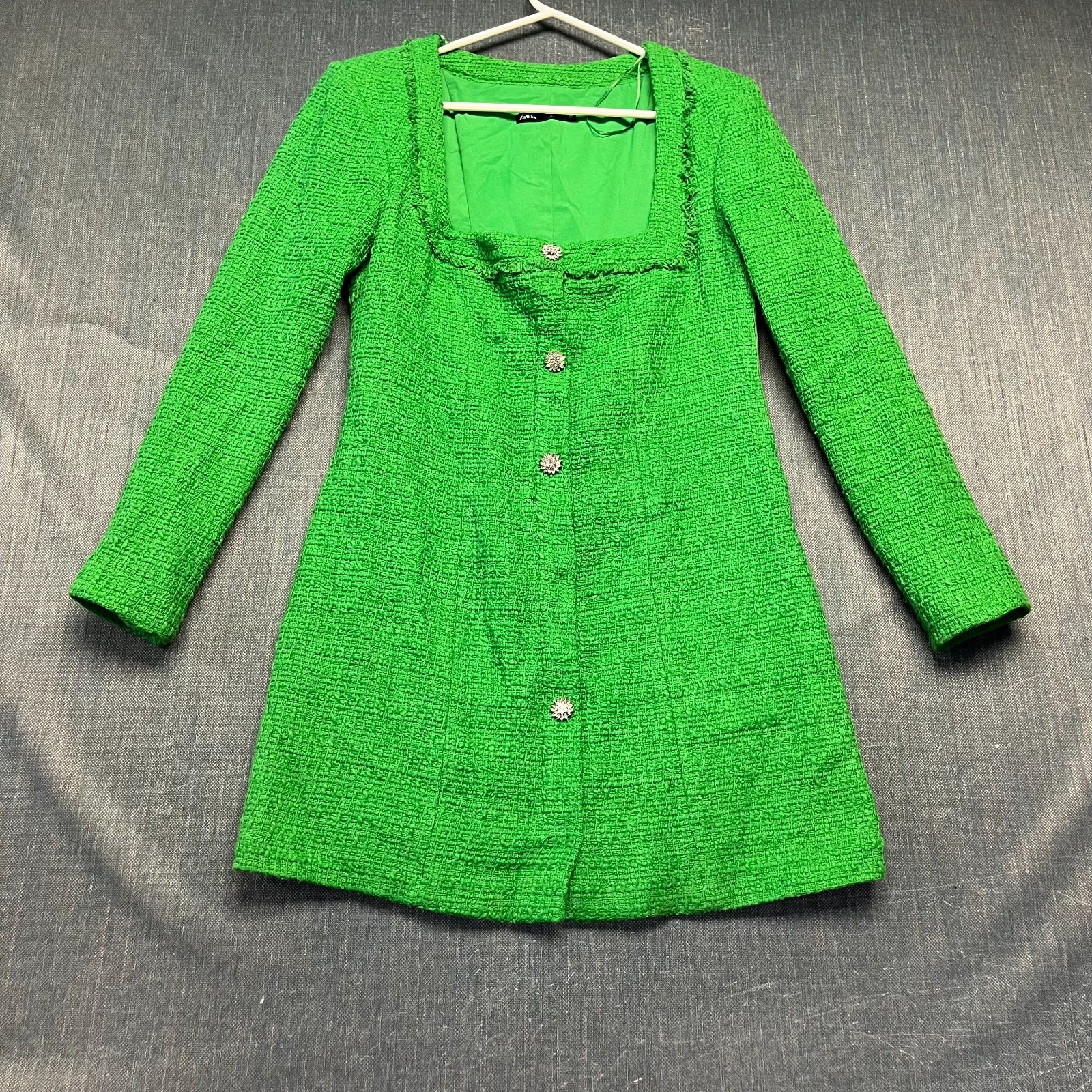 ZARA Women’s Tweed Dress Size M Green Textured Mini Jewel Button Fringed Trim