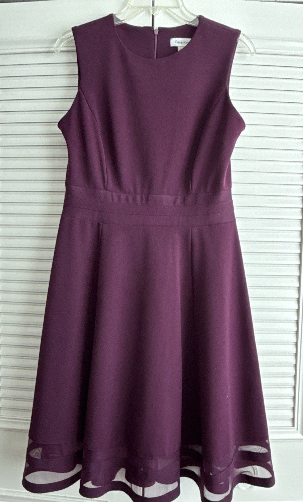 Calvin Klein Dress Eggplant Purple Sleeveless W/Illusion Mesh Hem Cocktail Sz8