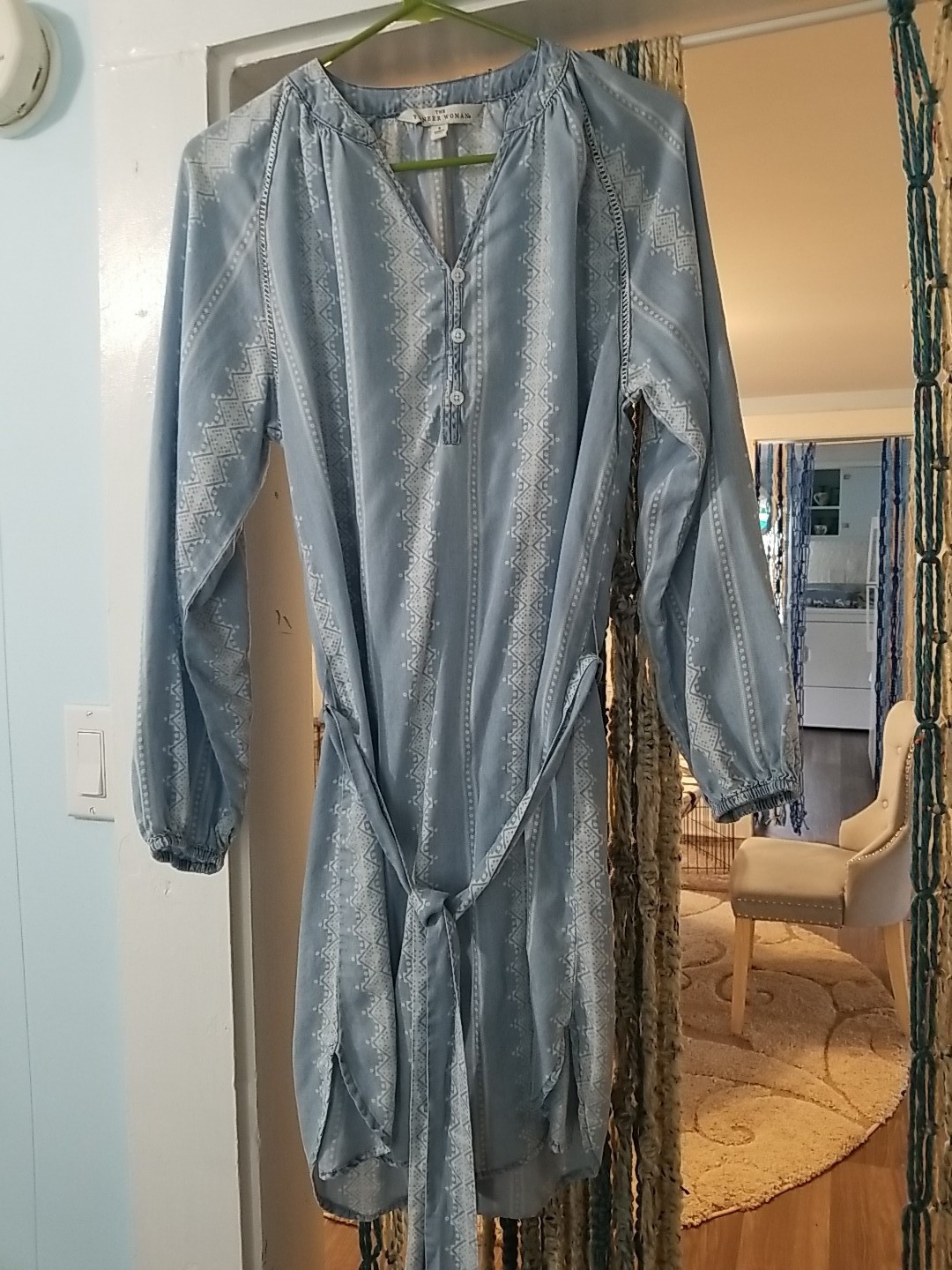 The Pioneer Woman Belted Shirt Denim Dress size Small with Lattice Trim