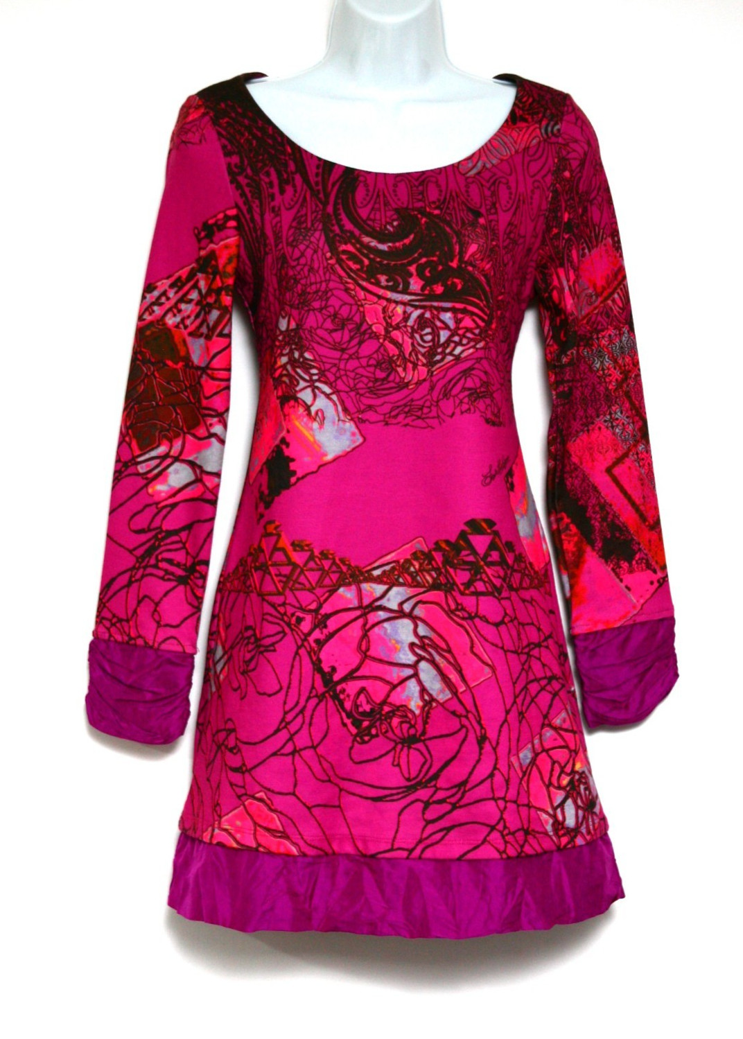 Save The Queen Dress XS Silk Blend Pink Purple Paisley Graphic Print Y2K Tunic