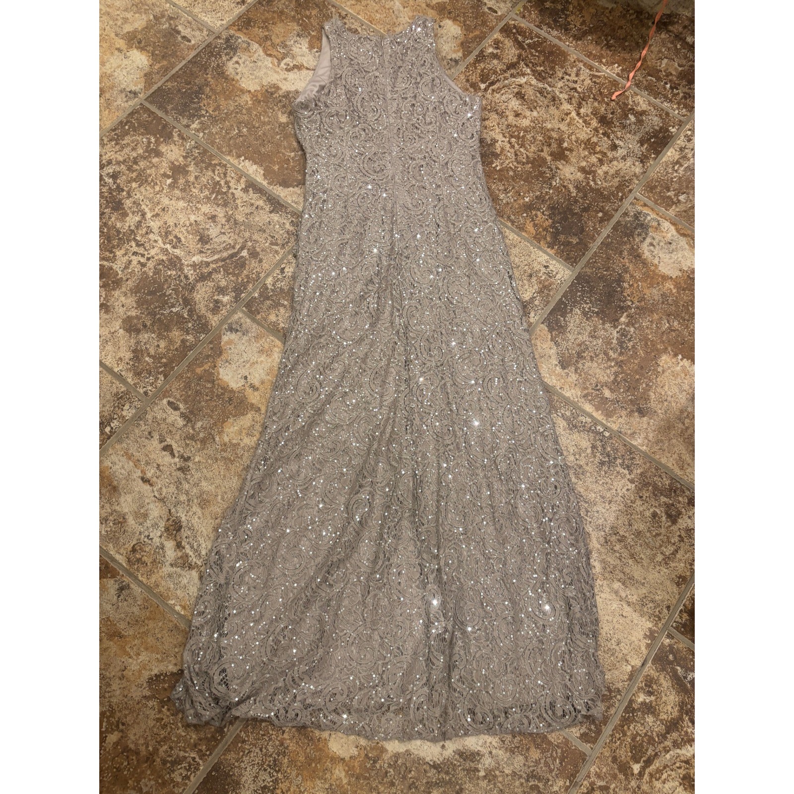 Alex Evenings Gown Womens 16 Taupe Sequin Lace Sleeveless Side Slit Formal Dress