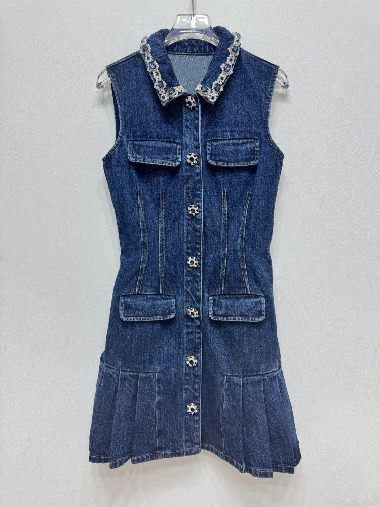 Self-Portrait rhinestone lapel sleeveless single-breasted bouffant Denim dress