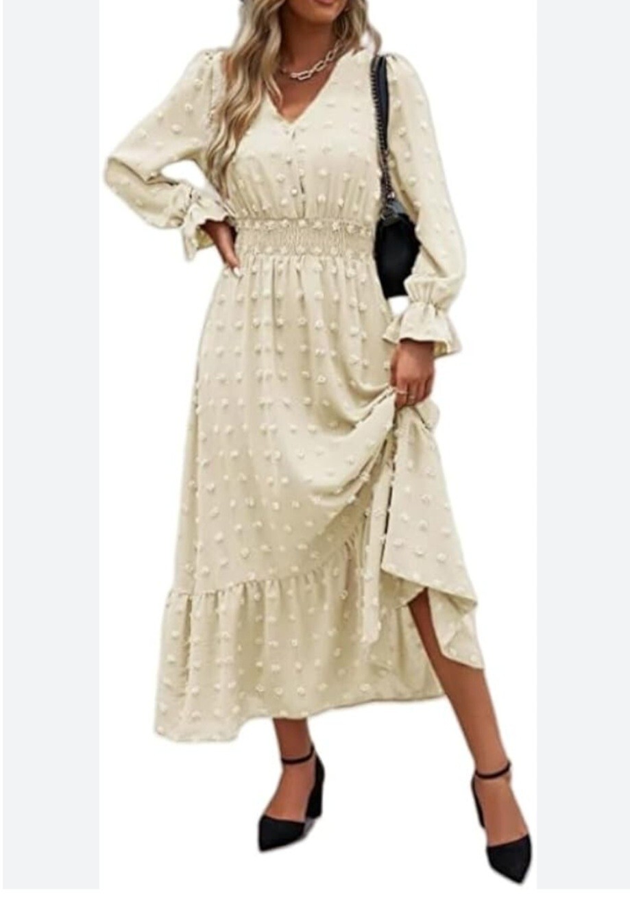 Bogo Swiss Dots Smocked Ruffle Maxi Dress Cream Size Small NWT RT$59