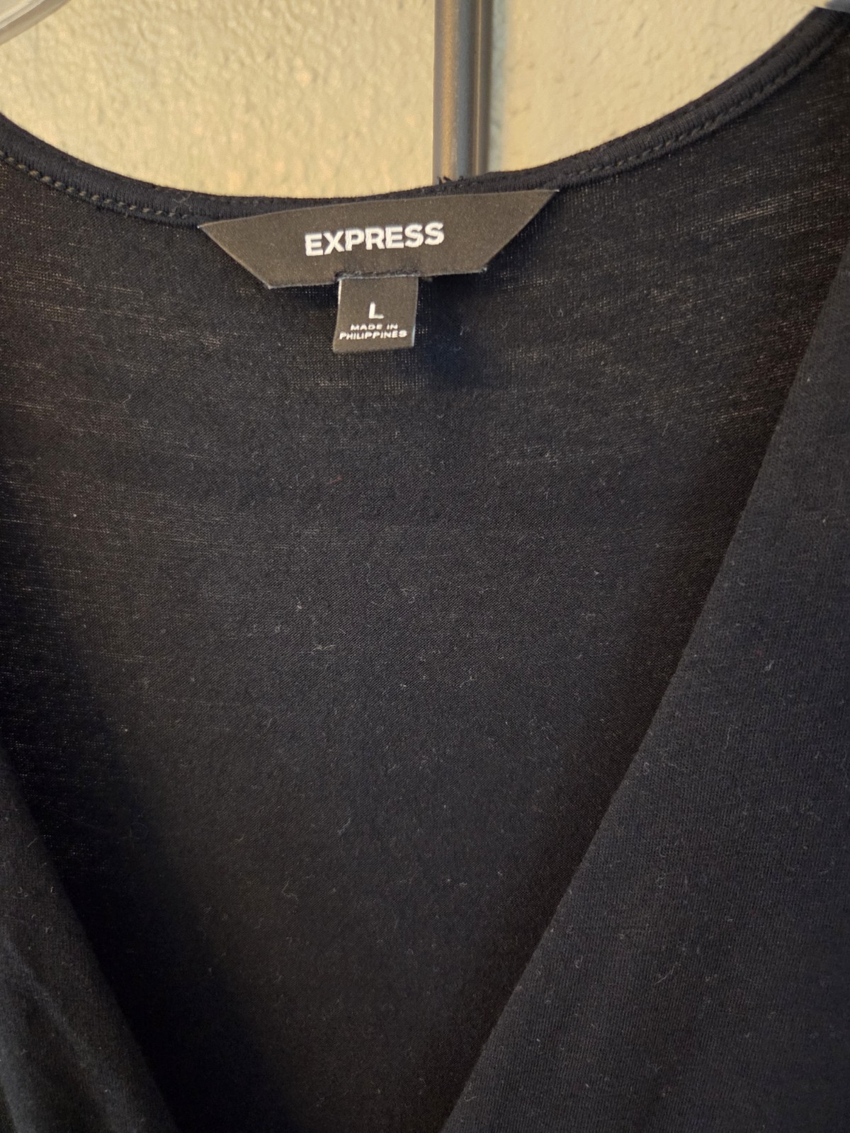 Express Women’s Black Solid Knit Wrap Dress L V-Neck Short Sleeve Ruched Knee