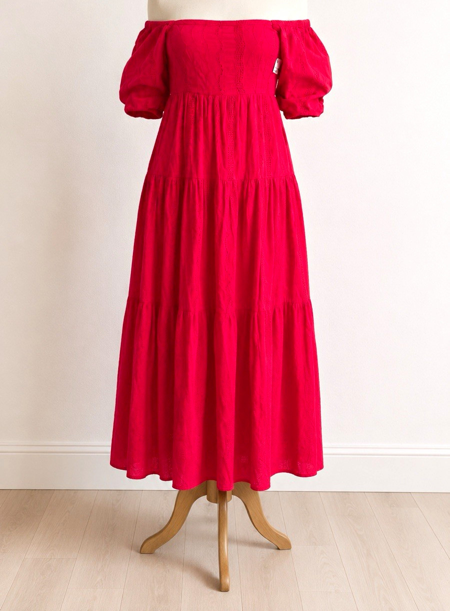Meadow Rhodes Pink Solid Off Shoulder Puff Short Sleeve Smocked Midi Sundress M