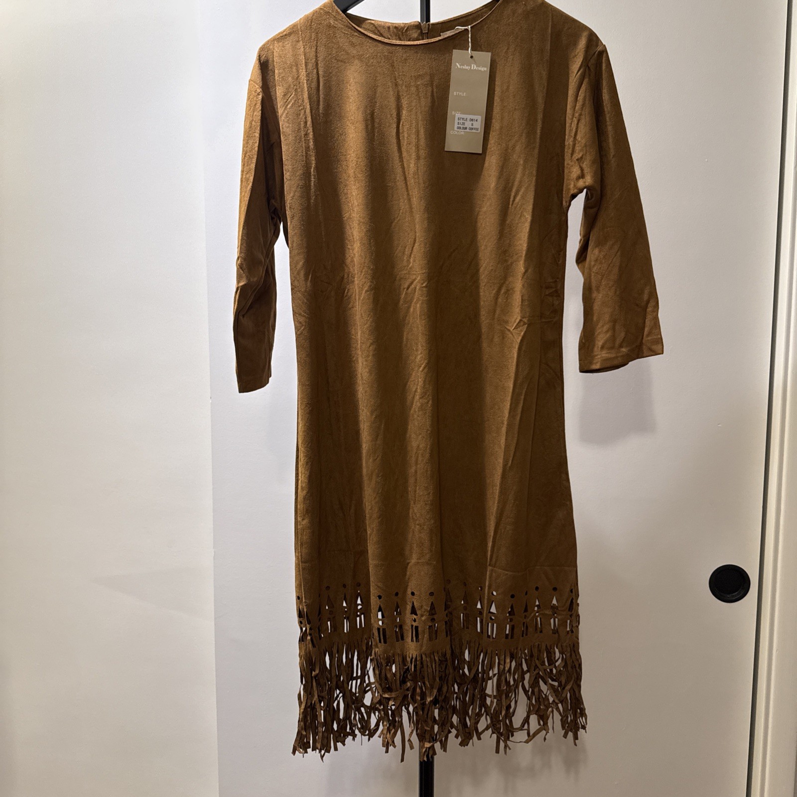 NWT Neslay Design Women’s Dark yellow Dress Fringe Hem 3/4 Sleeve – size S