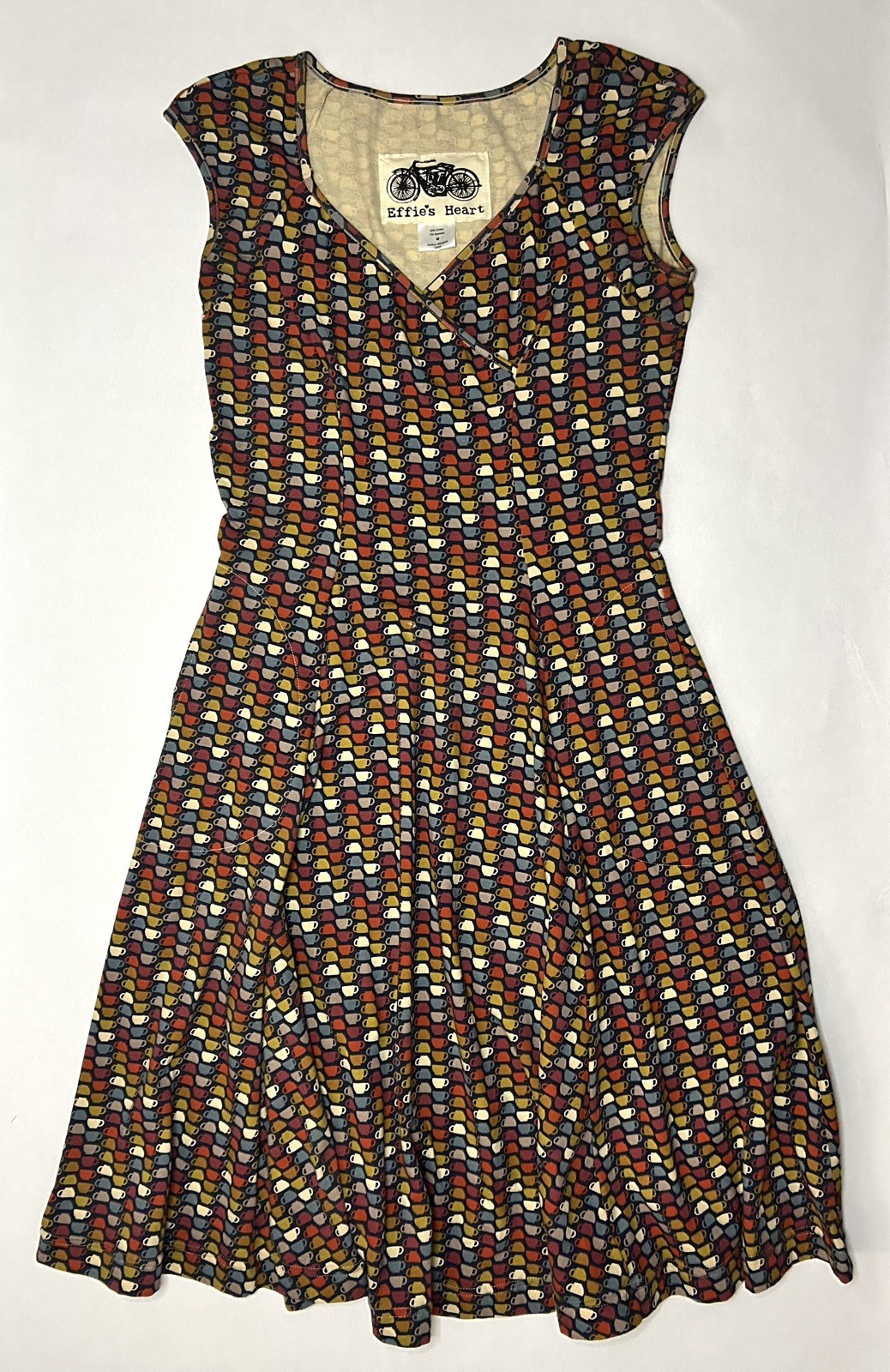 Effies Heart Fit & Flare Dress Women’s Sz M with Pockets – Coffee Cup Print