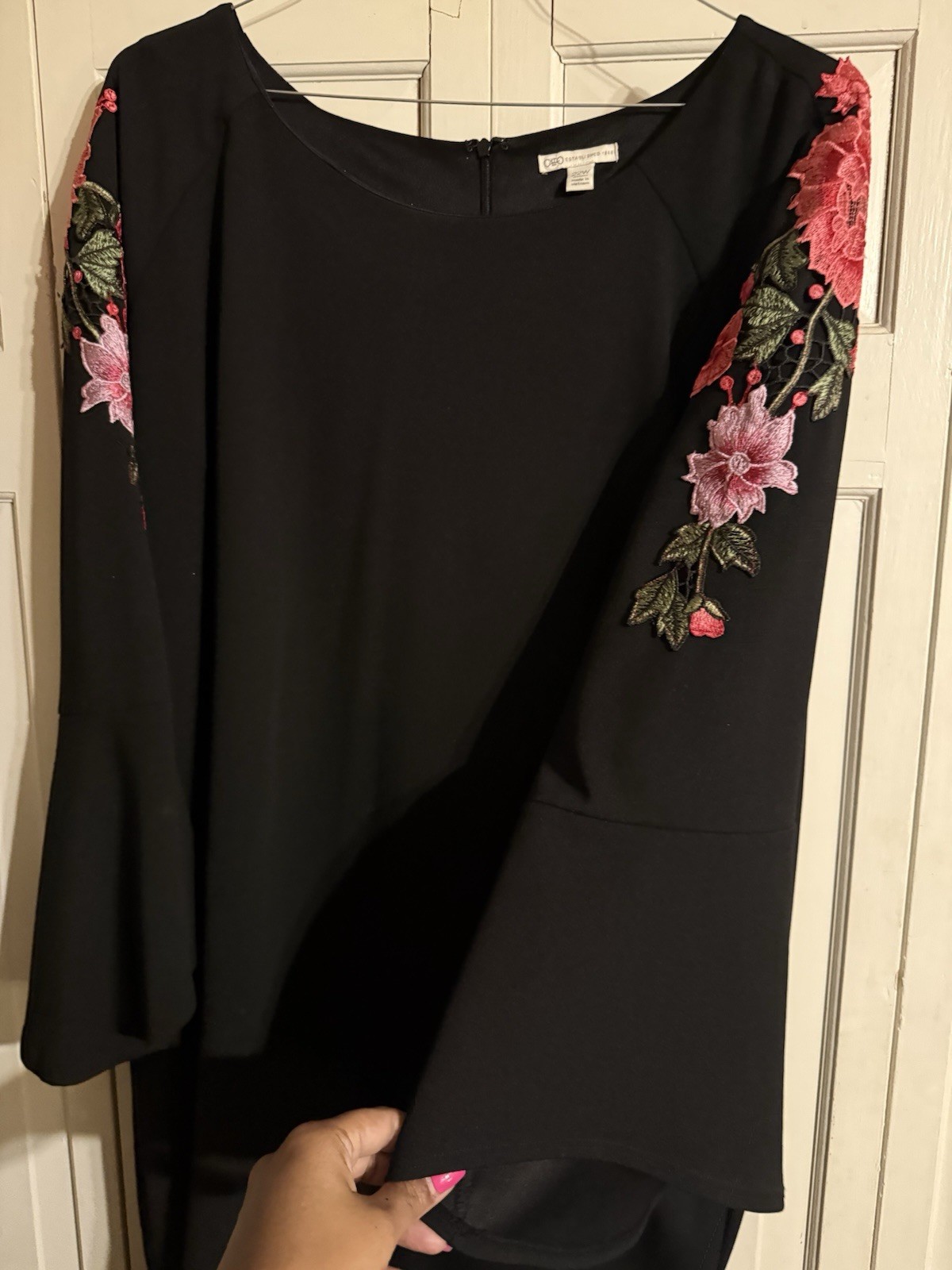 Floral Embroidered Shift Dress Bell Sleeves Boat Neck Knee Length Black