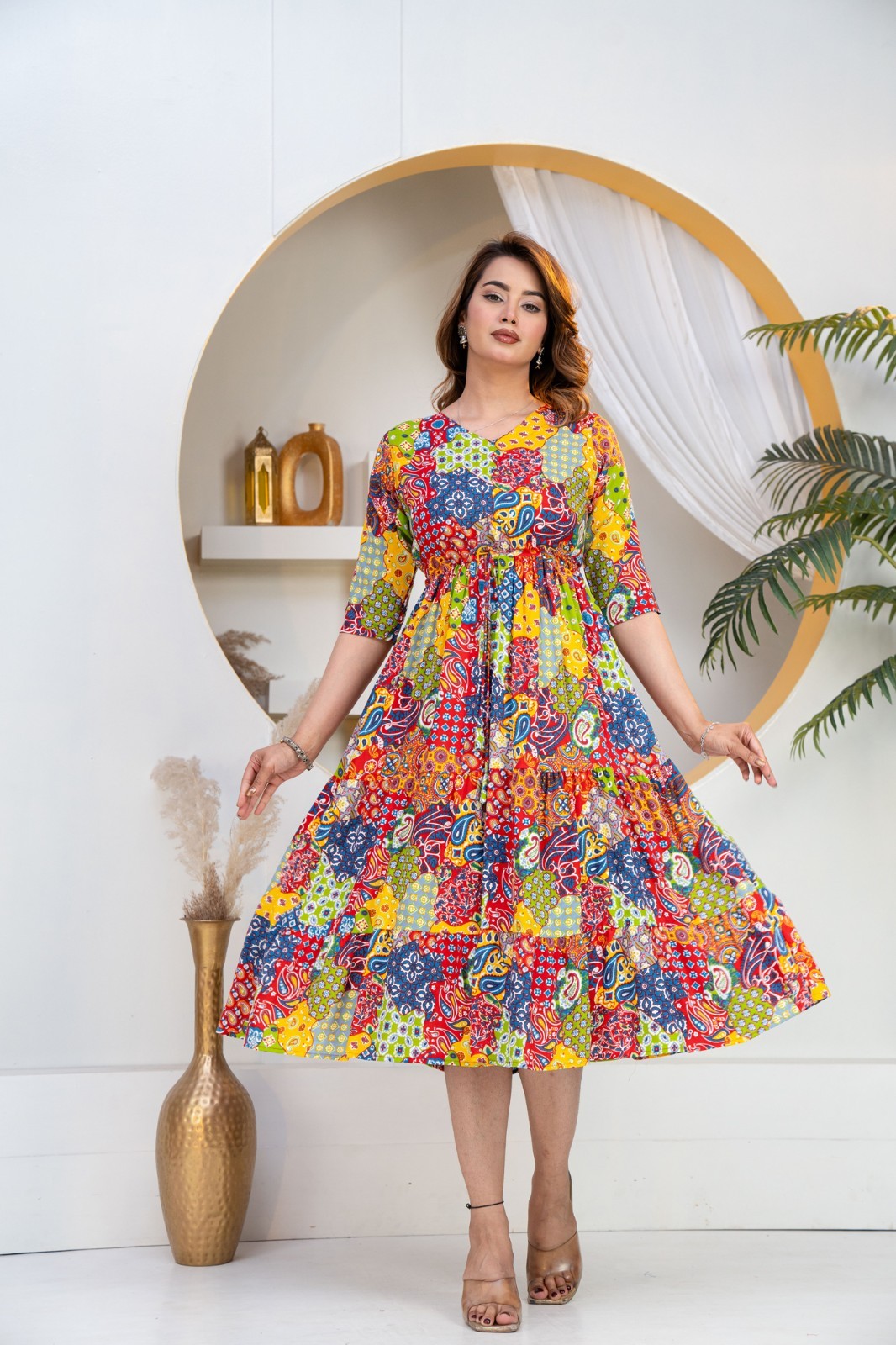 Handmade Patchwork Rayon Midi Dress – Colorful Boho Tiered Summer Style