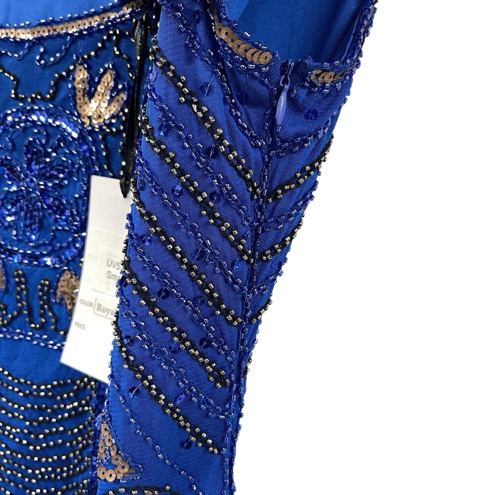 Royal Blue Beaded Sequin Fringe Mini Dress S Unique Vintage Ornate Gatsby