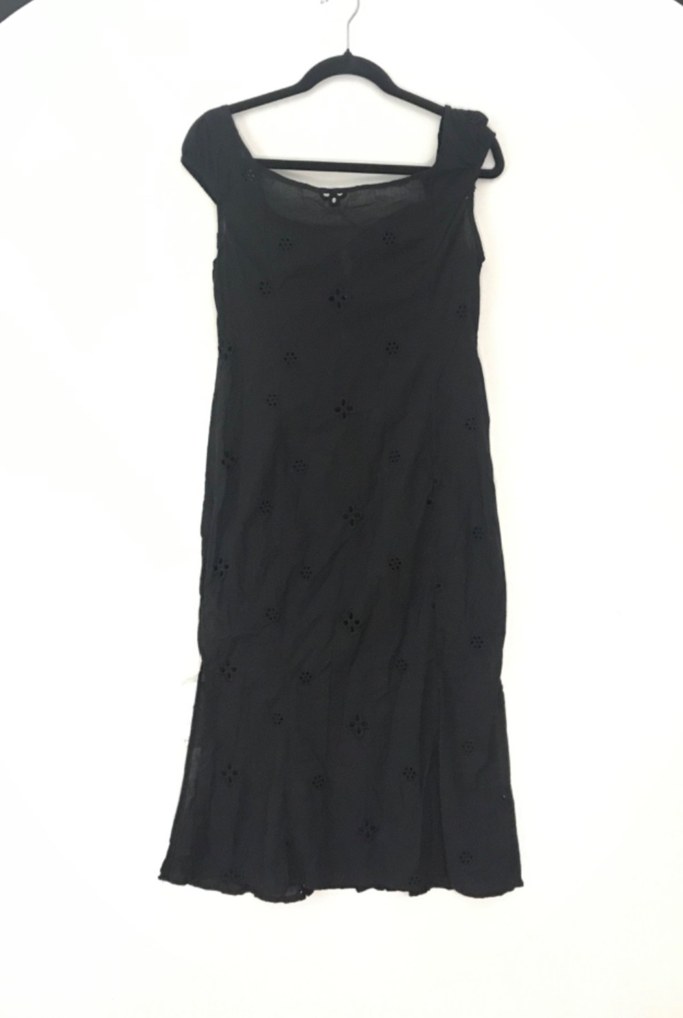 COMMENSE Black 100% Cotton Embroidered Maxi Dress Scoop Neck Cap Sleeve -M-NEW