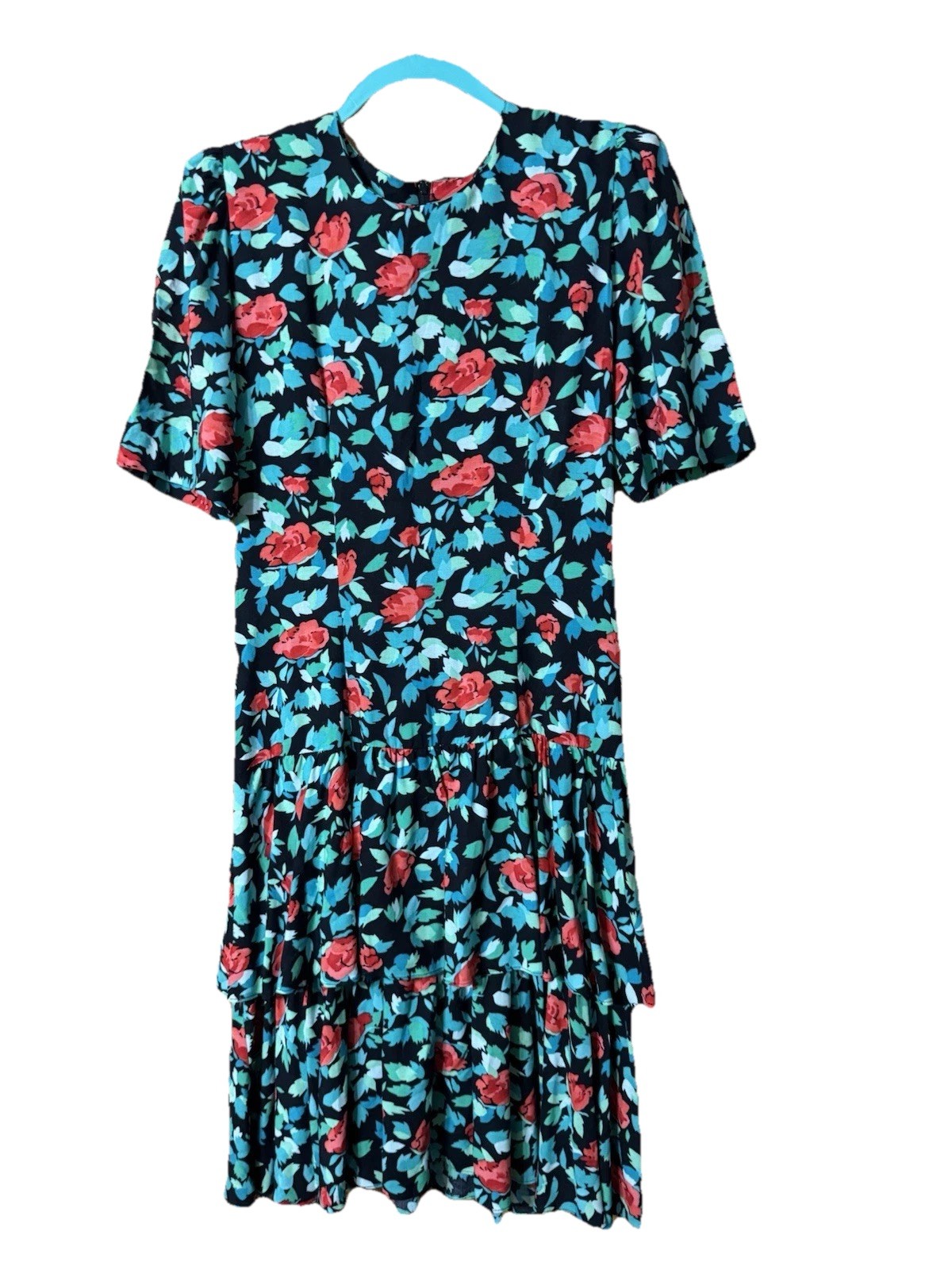 Jane Singer VTG 90s Red Roses Drop Waist Ruffle Dress  size 4 Women’s S BELT