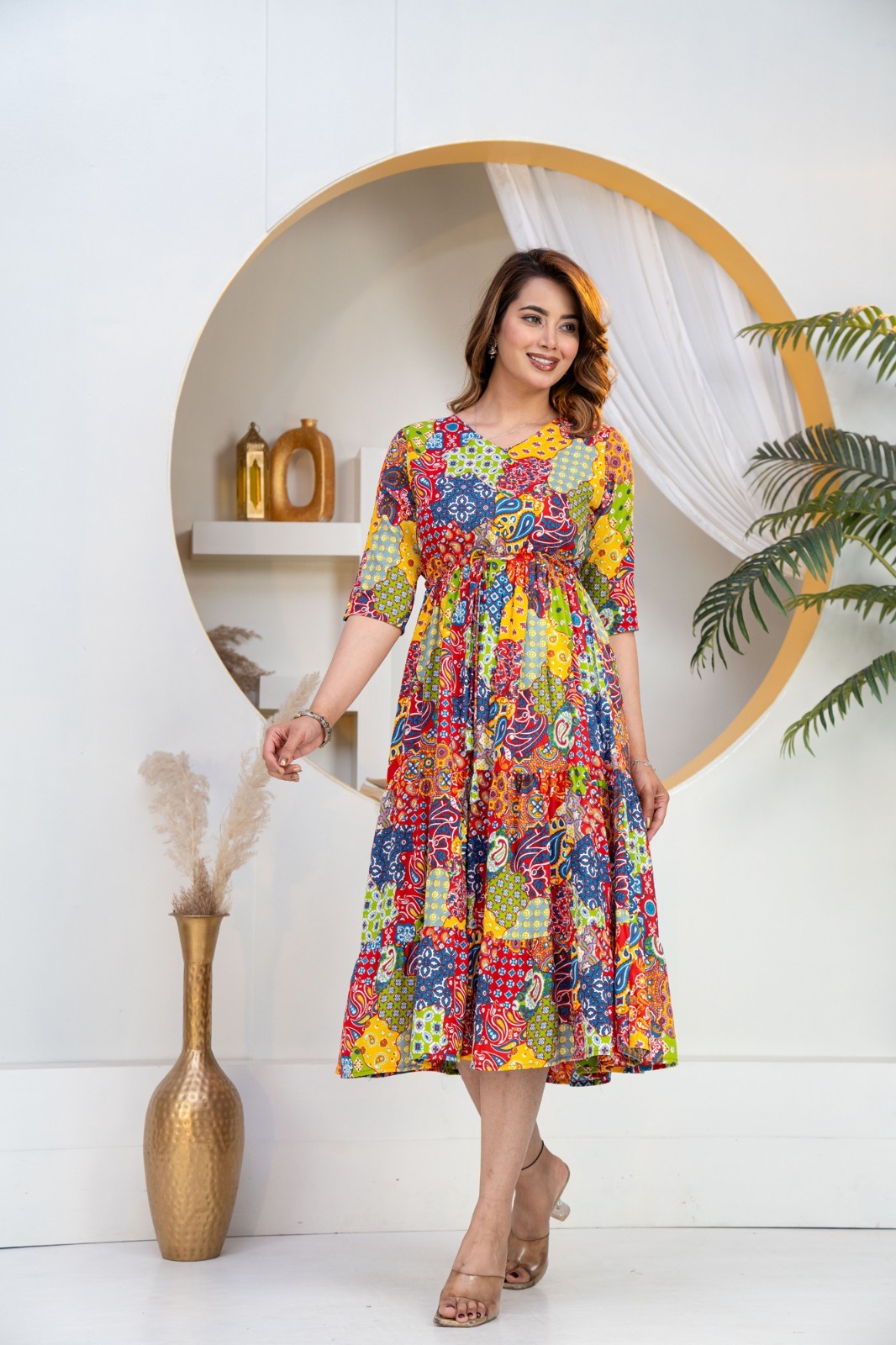 Handmade Patchwork Rayon Midi Dress – Colorful Boho Tiered Summer Style