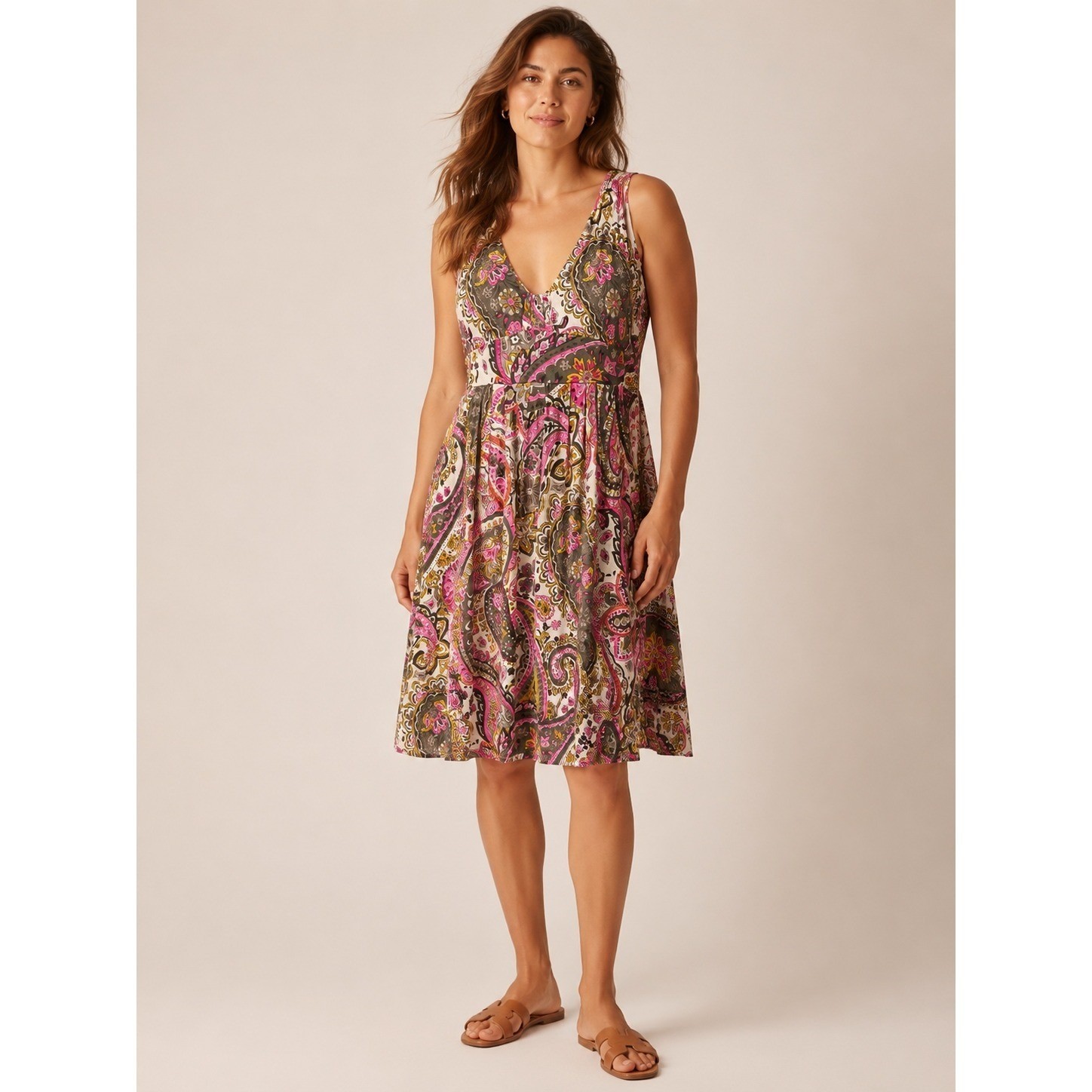INC Womens Paisley Rhinestone Rayon Dress L Boho Pink Grey Sleeveless V Neck