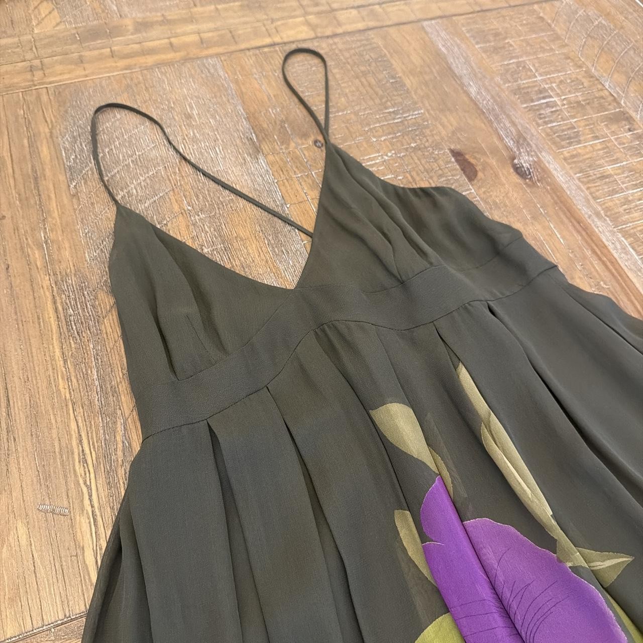 Ideology Olive Green Purple Floral Silk Dress Women Size 8 Empire Waist