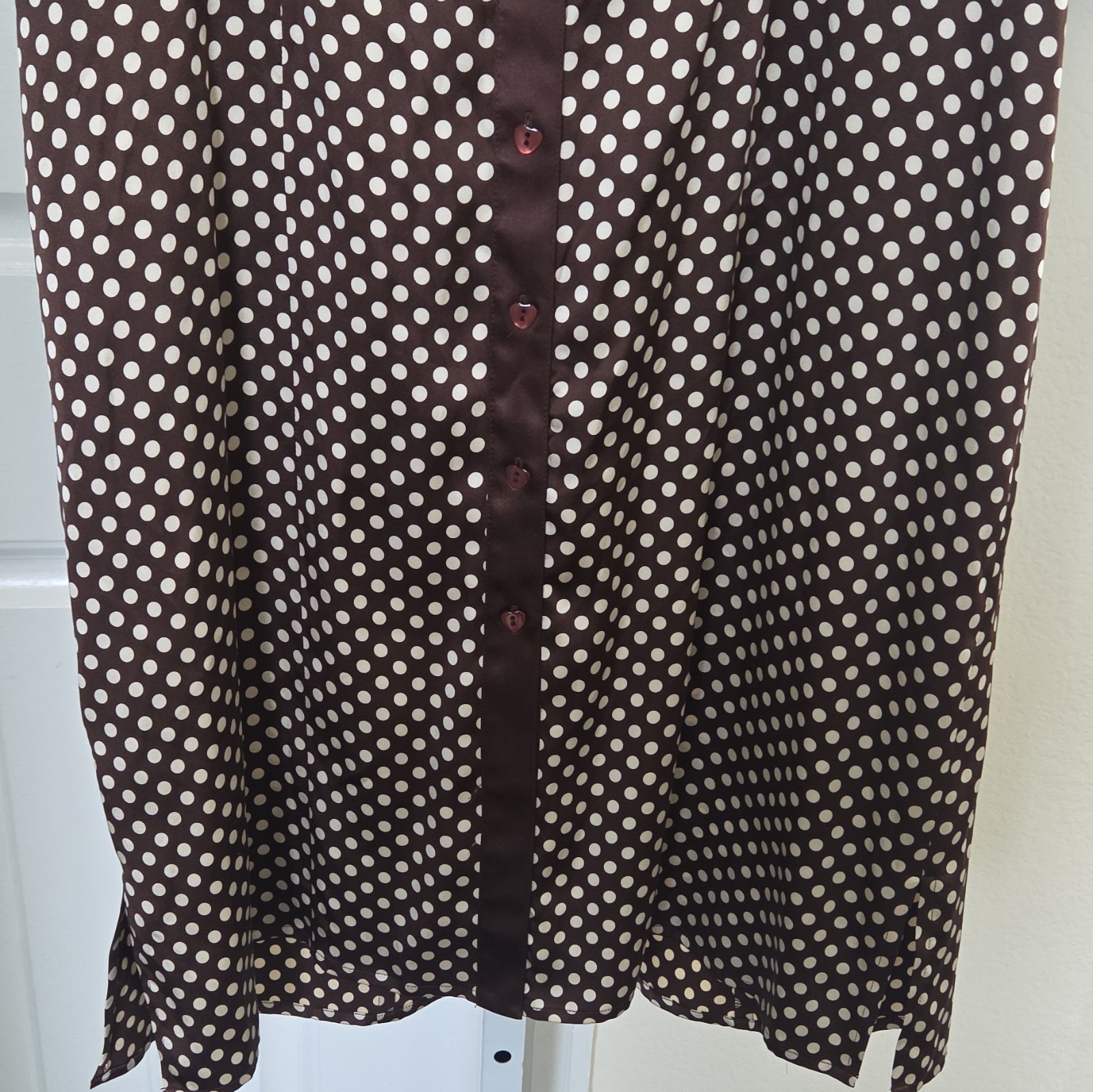bebe Brown/White Polka Dot Collared Button-Front Shirt Dress Puff Sleeve Sz Lrg