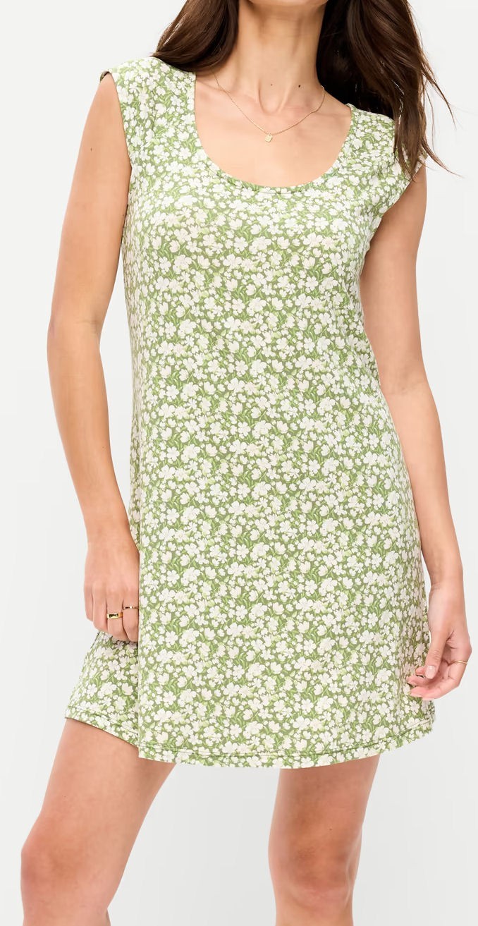Old Navy Short Cap Sleeve Scoop Neck Jersey Mini Dress – Green Floral – M Tall