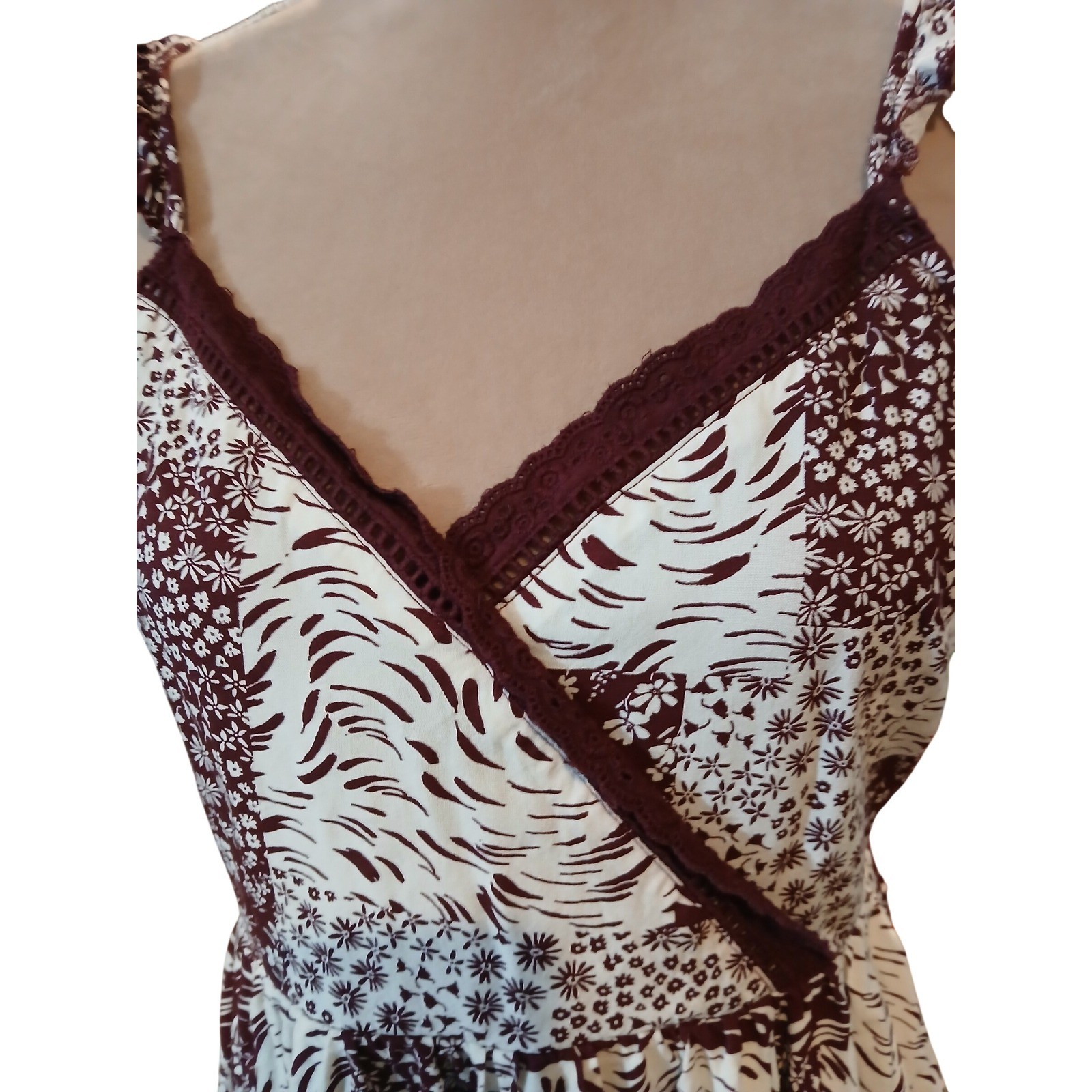 Burgundy Medium Cream Patchwork Handkerchief Hem Midi Dress Ruffle Strap Lace T