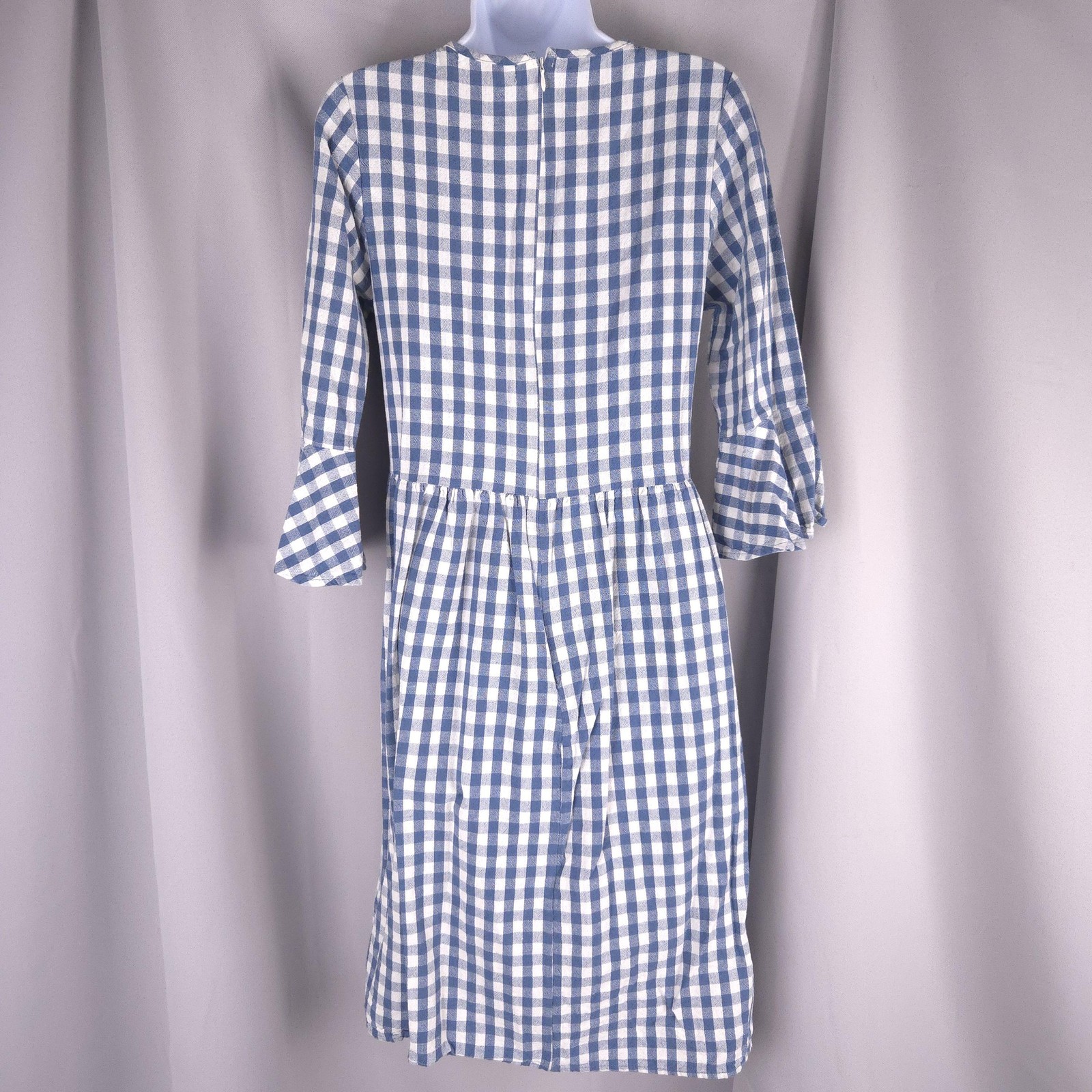 Blue Gingham Check Fit Flare Midi Dress Womens S Ruffle Bell Sleeve Cottagecore
